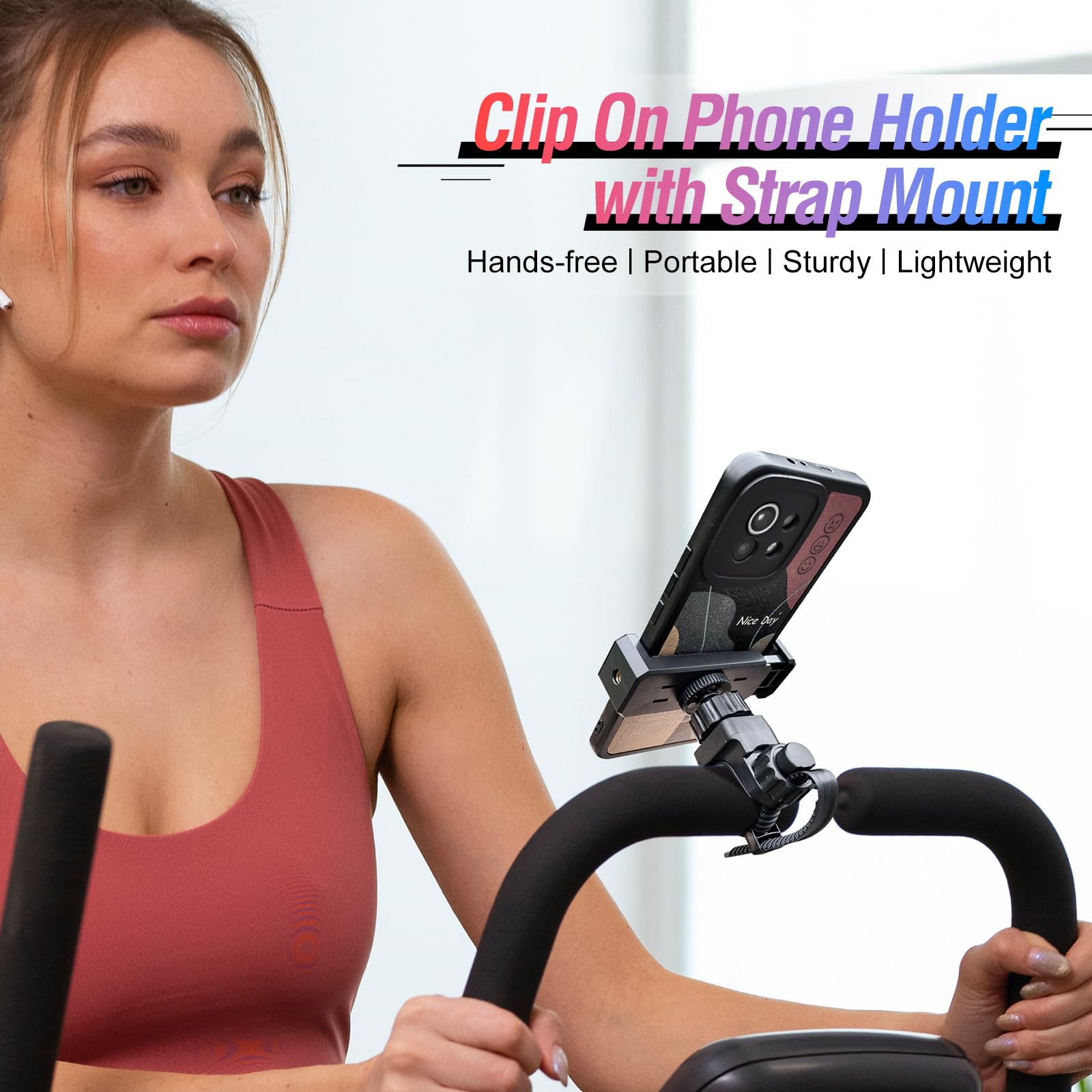 Phone Holder With Adjustable Strap,Wide Clamp Range,Fits Round,Square&Curved Surfaces,Clip Phone Mount For Mic Stands,Golf Carts