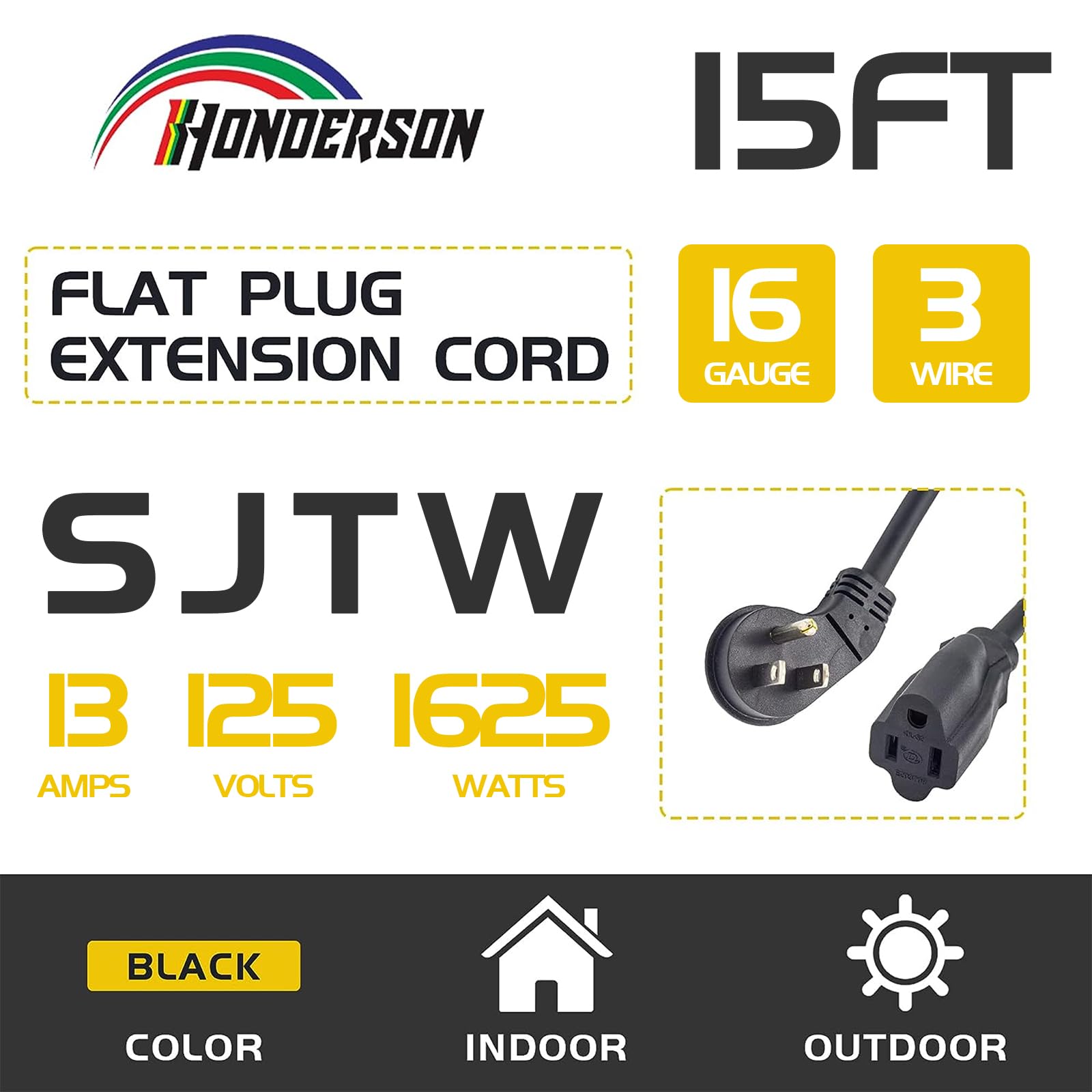 Honderson Flat Plug Indoor Extension Cord, Ul Listed, 16 Gauge 15Ft Black 3 Prong Heavy Duty Extension Cord, 16/3 Sjtw 13A Power