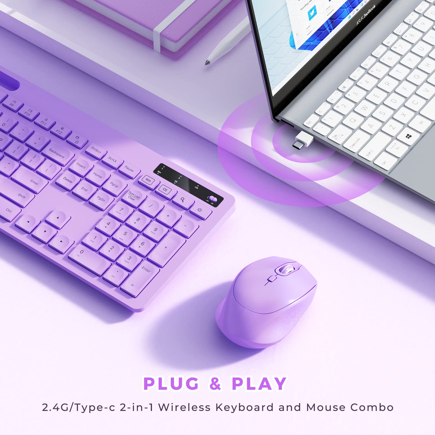 Purple Keyboard And Mouse Wireless, Vivefox Full Size Wireless Keyboard With Phone Holder Usb A & Type C Cute Keyboard And Mouse