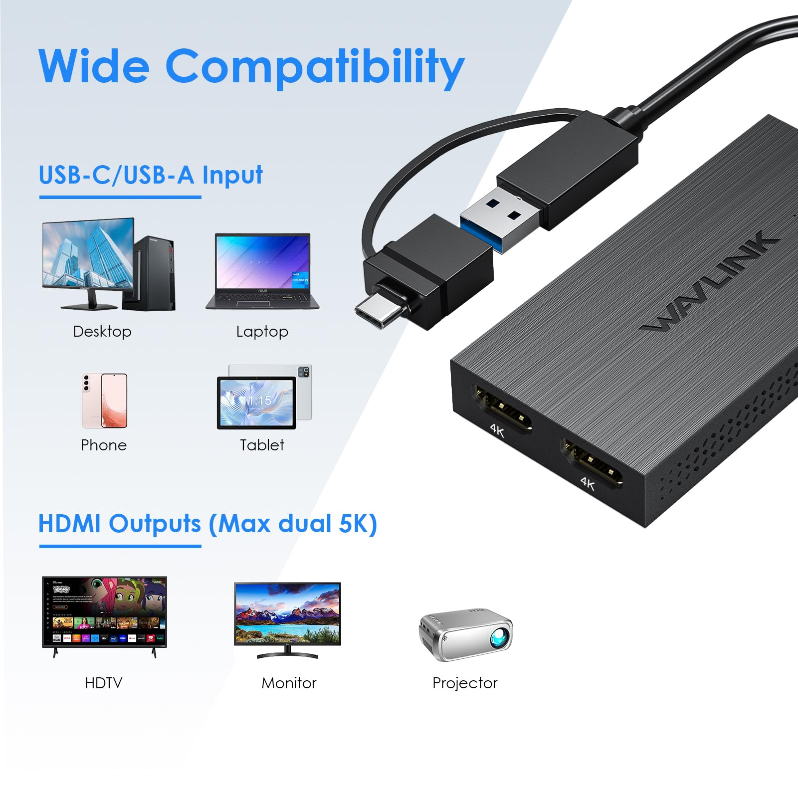 Wavlink Usb 3.0 Or Usb C To Dual Hdmi Splitter Extended Display For Dual Monitor, Displaylink Adapter Dual Hdmi 4K 60Hz For Appl