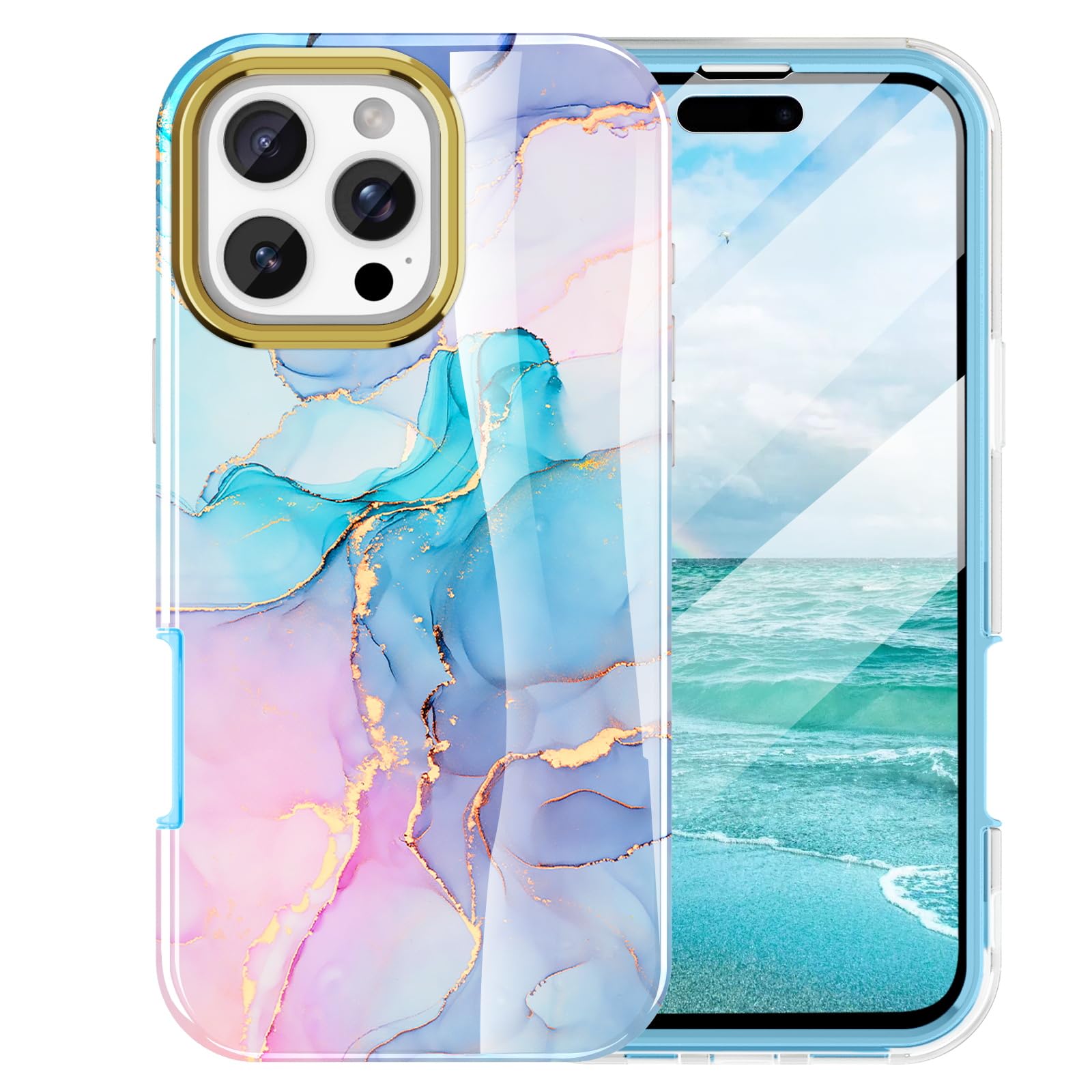Turquiase Cute Marble Case For Iphone 16 Pro Max 6.9 Inch Built With Screen Protector, Lightweight And Stylish Full Body Shockpr