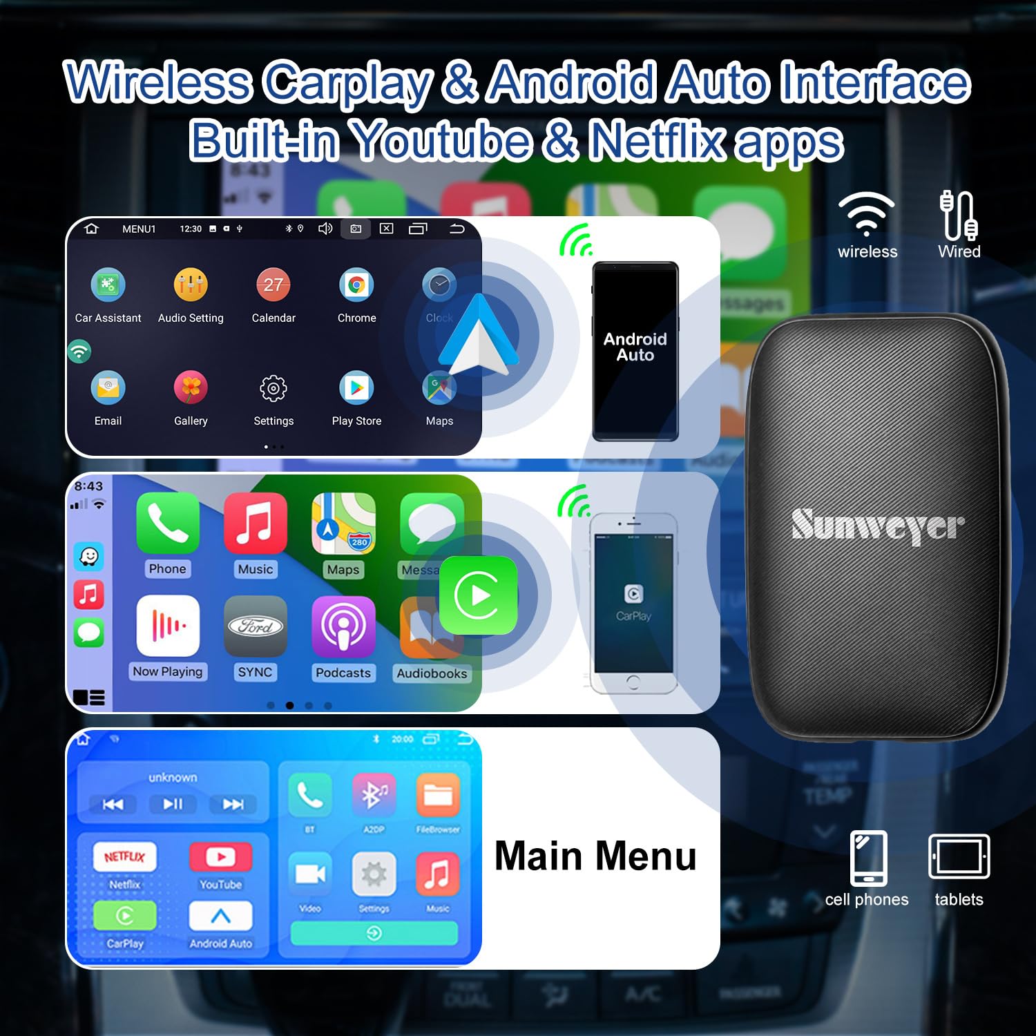 Sunweyer Wireless Carplay & Android Auto Adapter With Built In Netflix Youtube Compatible With Factory Wired Carplay Cars To Wir