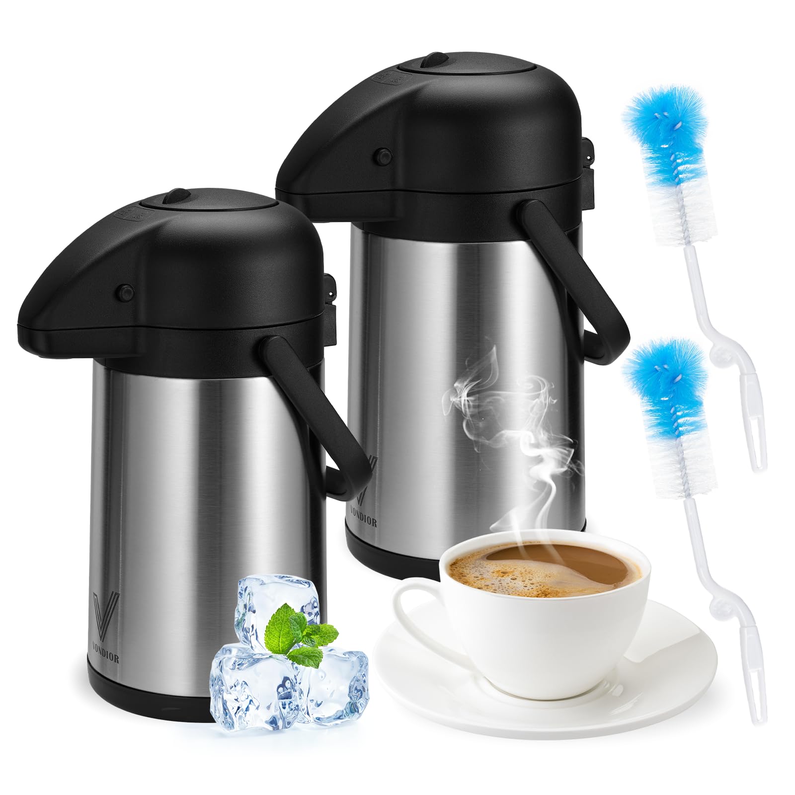 64 Oz Airpot Coffee Dispenser With Pump, 2Pcs Insulated Thermal Coffee Carafe   Stainless Steel Hot Beverage Dispenser   Thermos