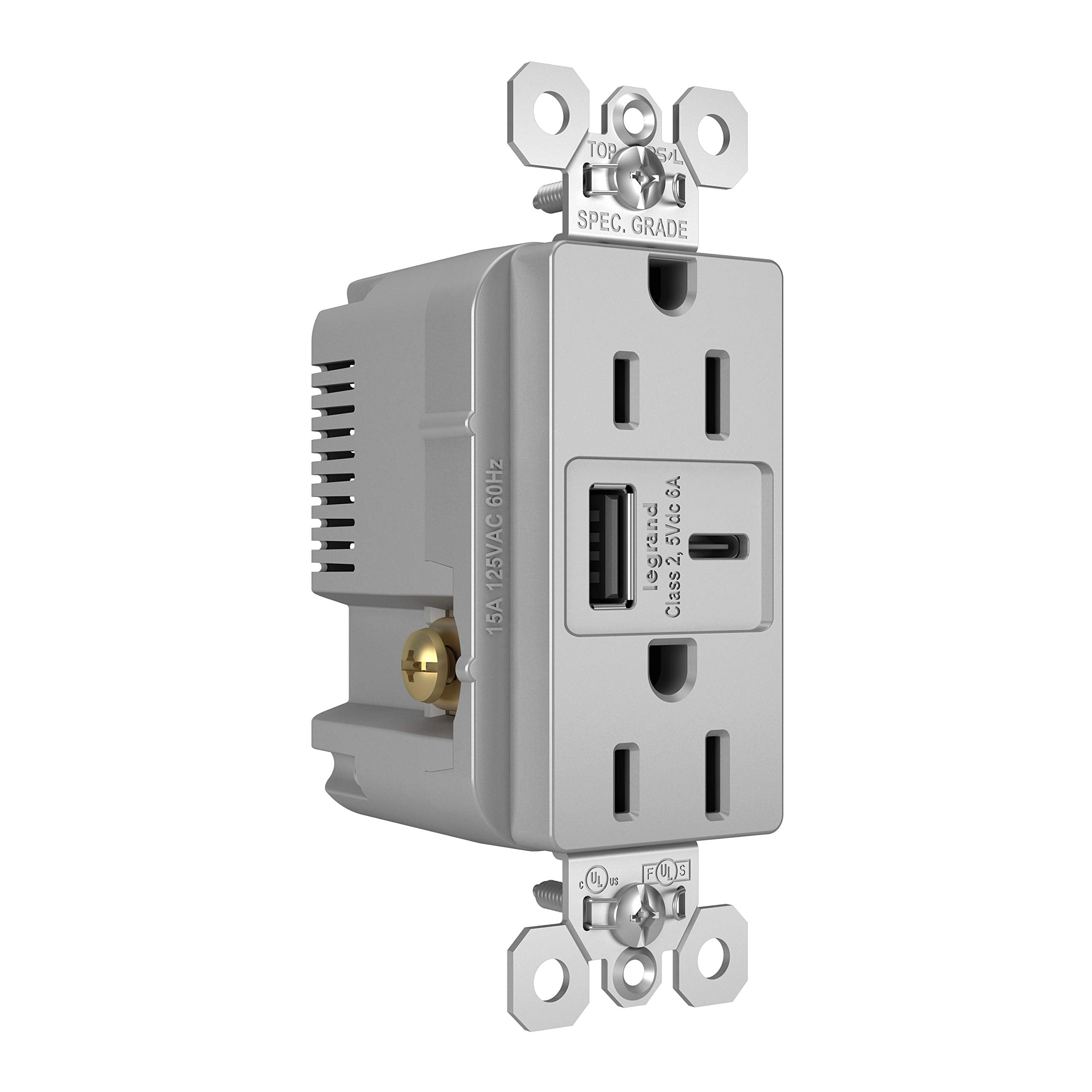 Legrand Pass & Seymour Tr15Usbac6Gry 15 Amp Tamper Resistant Heavy Duty Specification Grade Decorator Duplex Receptacle Outlet W