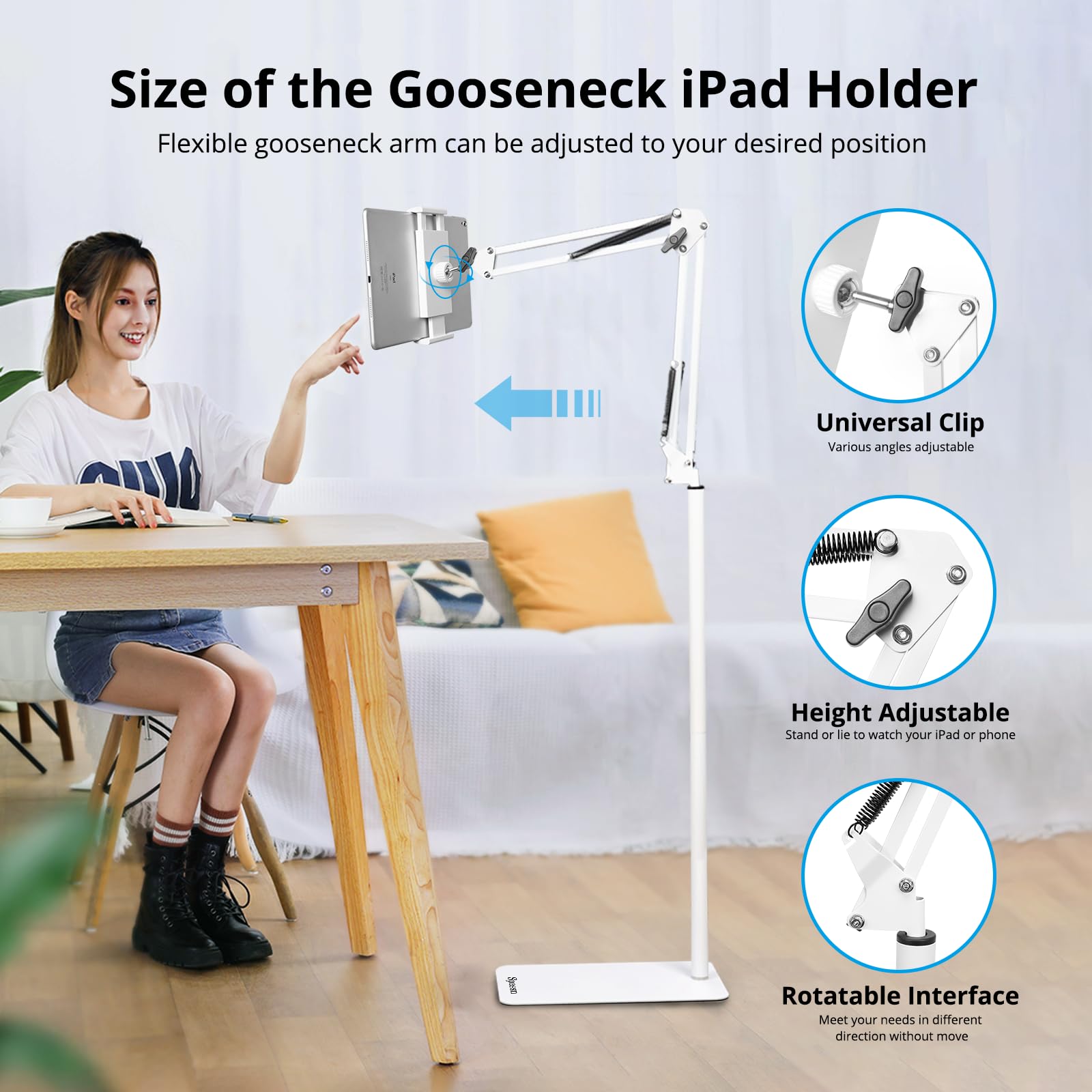 Spessn Adjustable Tablet Floor Stand Universal 360-Degree Rotatable Metal Tablet Holder Phone Stand Compatible Ipad/Iphonex/Ipad
