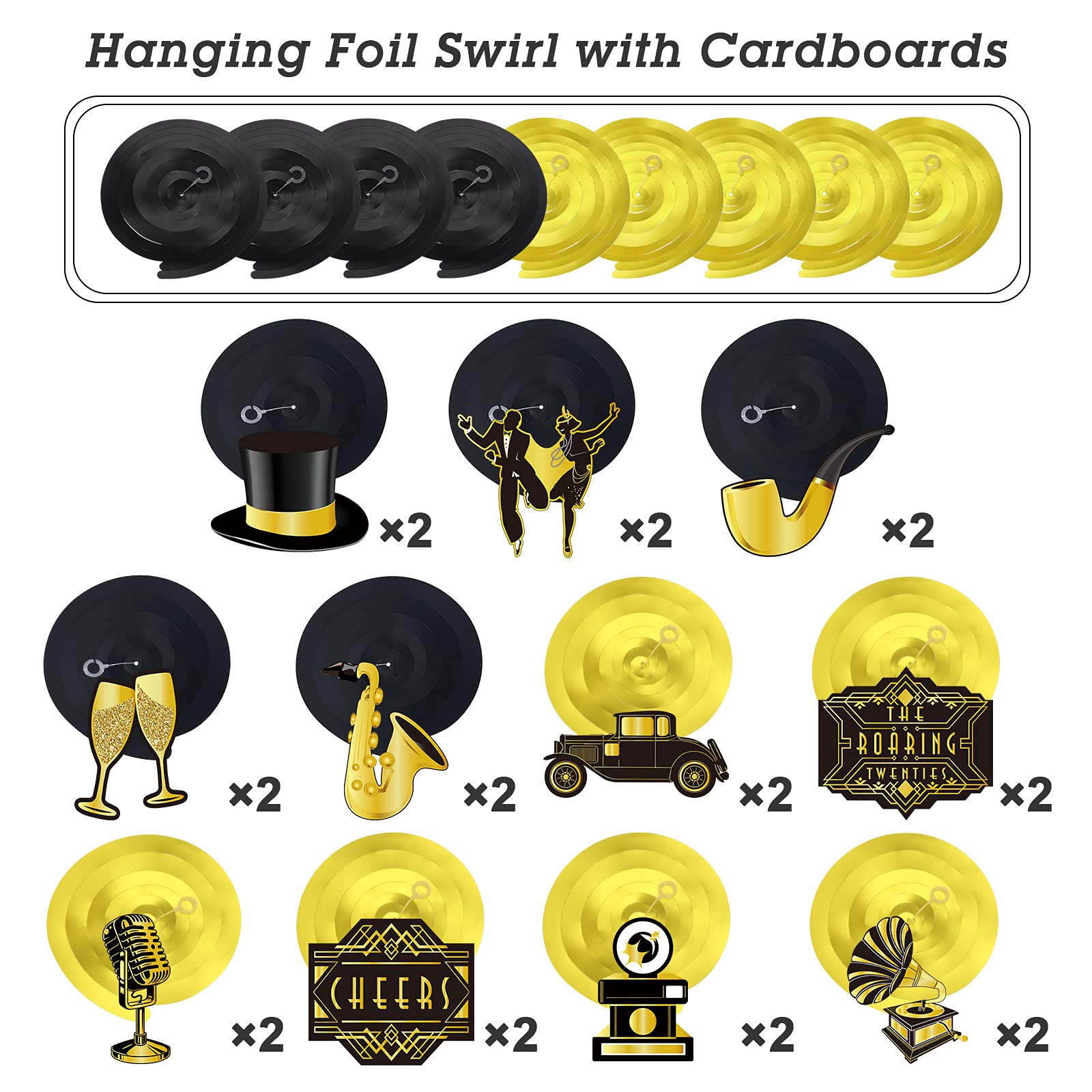 30 Pieces Roaring 20S Swirls Party Decorations, Black Gold Birthday Party Hanging Spirals Streamer Retro Decor For Anniversary B