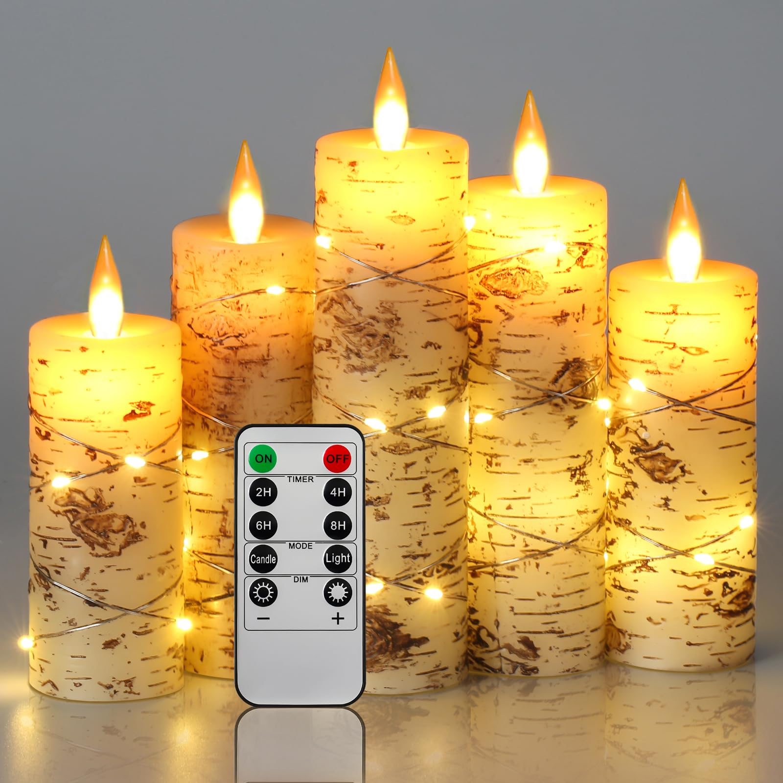 Da By Led Candles Hand Painted Birch Bark Recessed String Candles Set Of 5 (Heights: 4, 5, 6, 7, 8) Battery Powered With Dancing