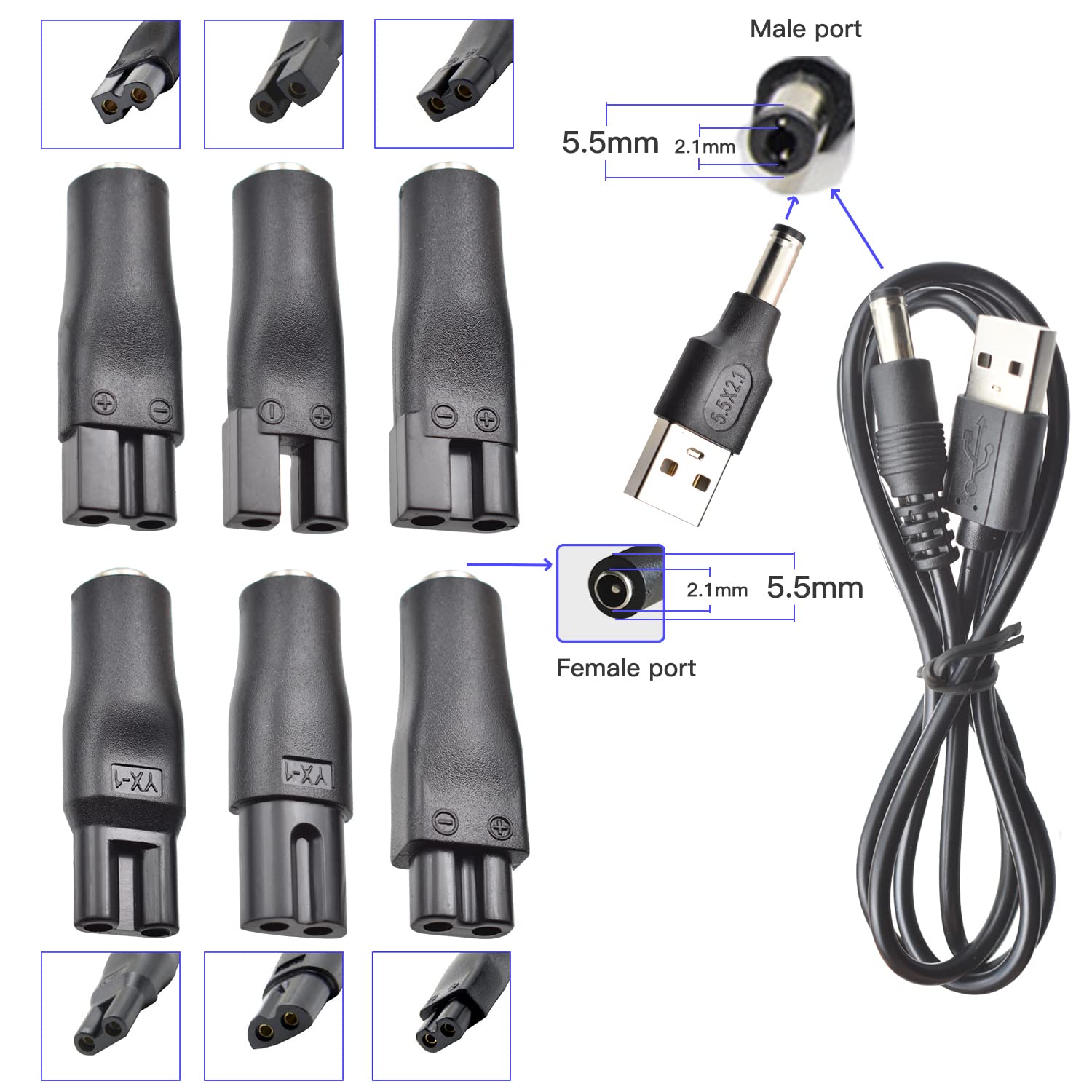 8 Pcs Power Cord 5V Replacement Charger Usb Adapter Suitable For Hair Clippers, Beard Trimmers, Shavers, Beauty Instruments, Des