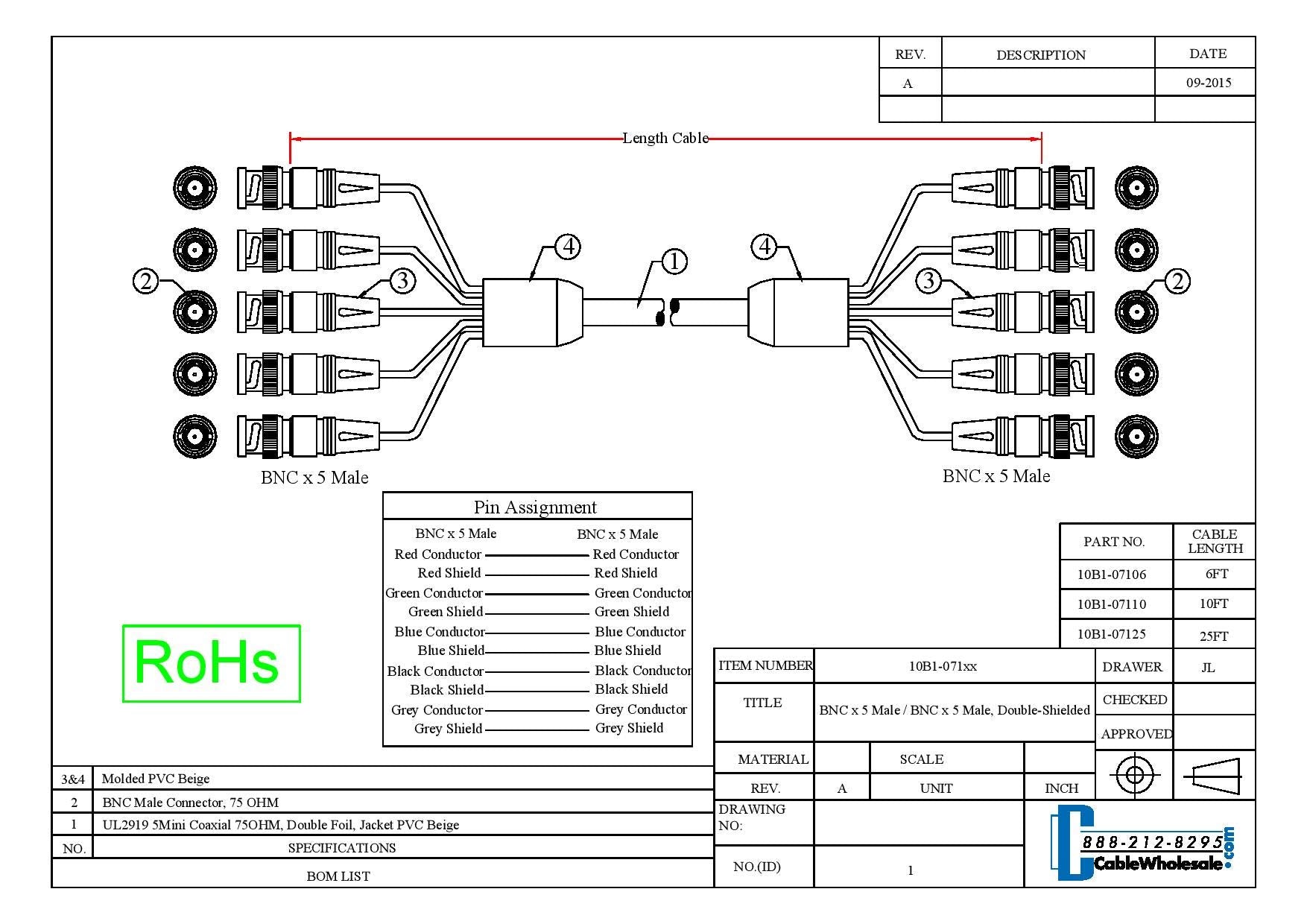 Cablewholesale 5 Bnc Male To 5 Bnc Male Rgbhv High Resolution Coaxial Cable, Double Shielded, 75 Ohm, 28 Awg, Beige, 10 Ft