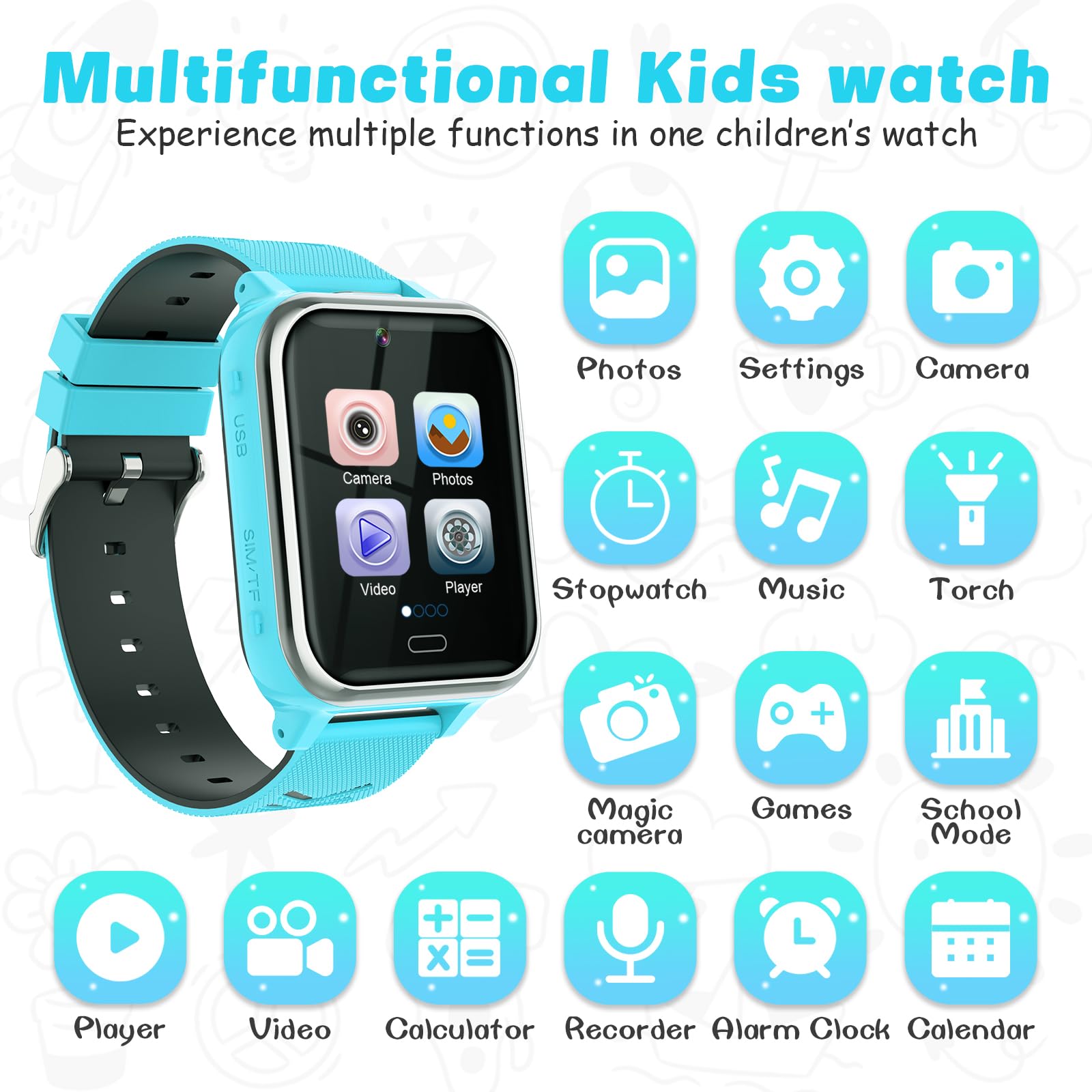 Dolirapa Kids Smart Watch, Smart Watch For Boys Girls With 17 Puzzle Games School Model Camera Music Alarm Video Recorder Flashl