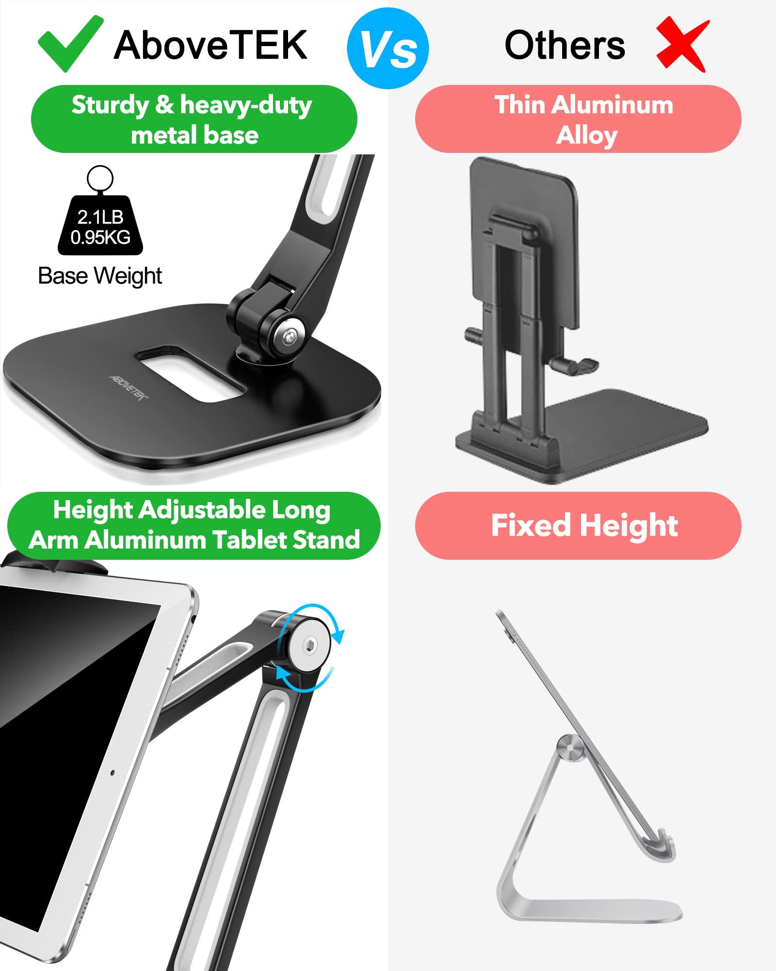 AboveTEK Tablet Stand, Multi Angle Adjustable iPad Stand Holder, 360� Swivel iPad Stand Aluminum Desk Mount Fits 4� 11'(Diagonal) iPad/Mini/Air/Pro for Business Kiosk Office � Black