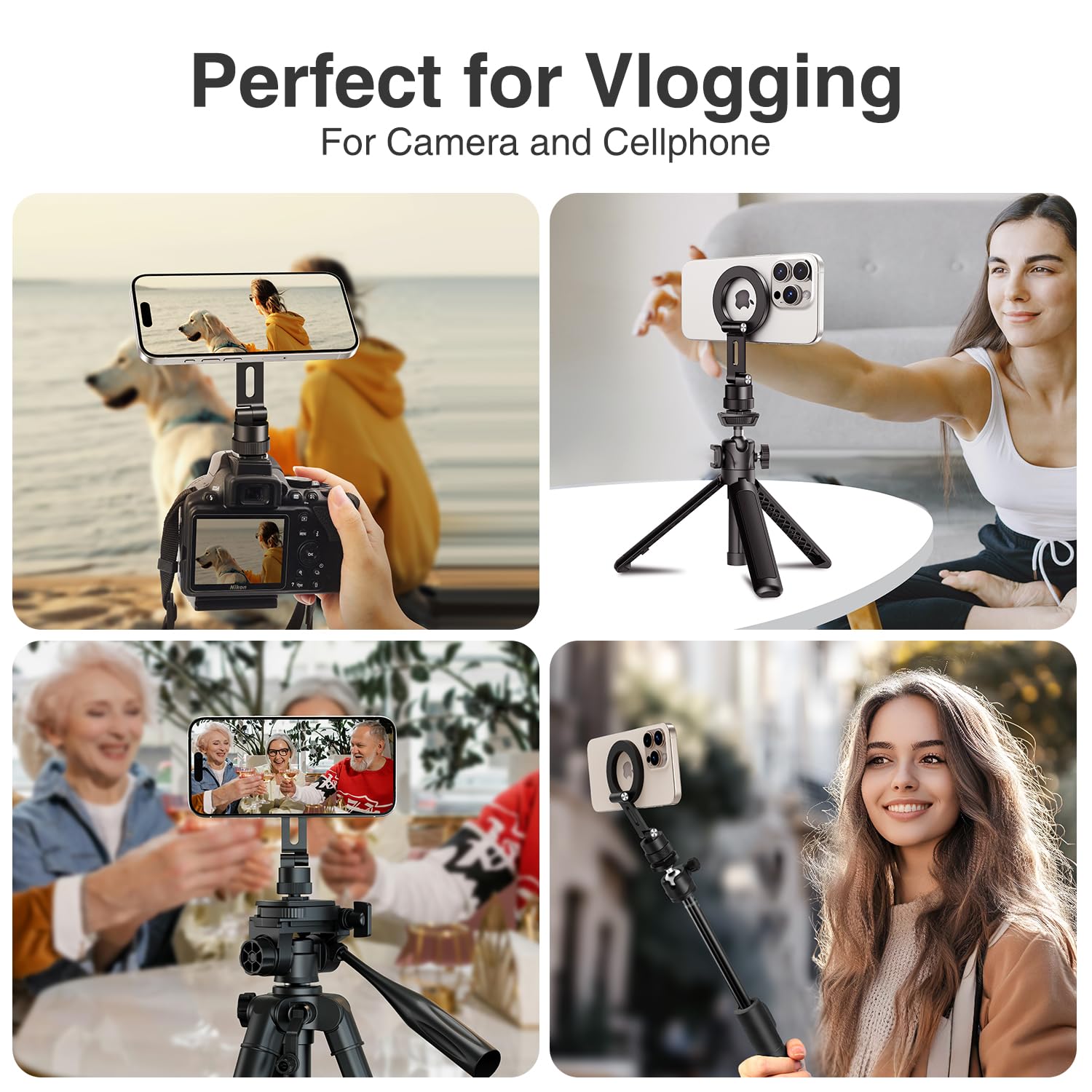 Elitehood Magnetic Magsafe Tripod Phone Mount Holder, Foldable Phone Holder For Tripod Attachment With 1/4    Screw & Cold Shoe,