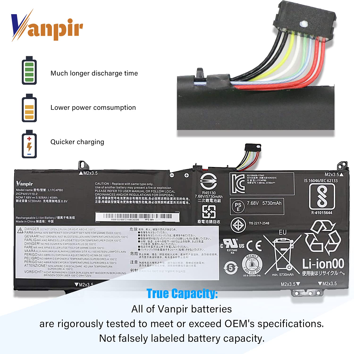 Vanpir L17C4Pb0 Laptop Battery, 7.68V 45Wh 5928Mah Compatible With Lenovo Flex 6 14Ikb 14Arr 530S 14Arr 530S 14Ikb 530S 15Ikb Se