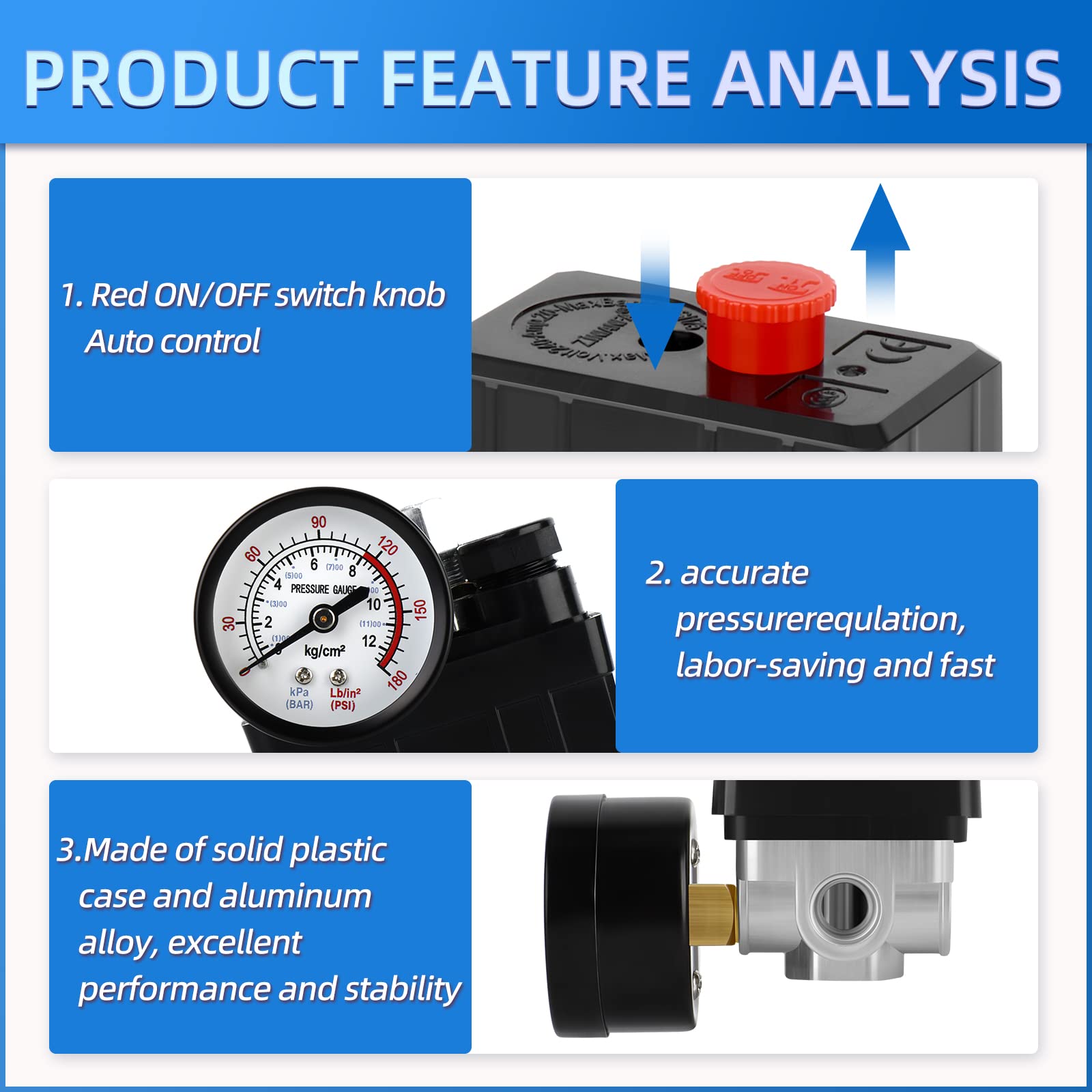 Meanlin Measure Air Compressor Pressure Switch Control Valve 90 120 Psi 110V 240V 4 Way Replacement Parts With 0 180 Pressure Ga