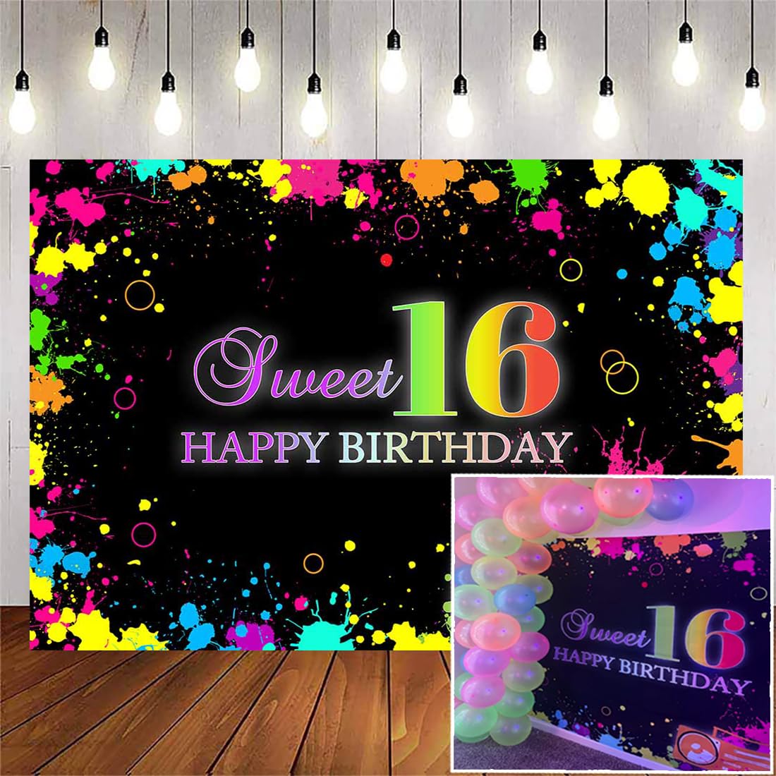 Avezano 7X5Ft Sweet 16 Backdrop Neon 16Th Birthday Banner Sweet 16 Glow In The Dark Party Decorations Graffiti Sweet Sixteen Par