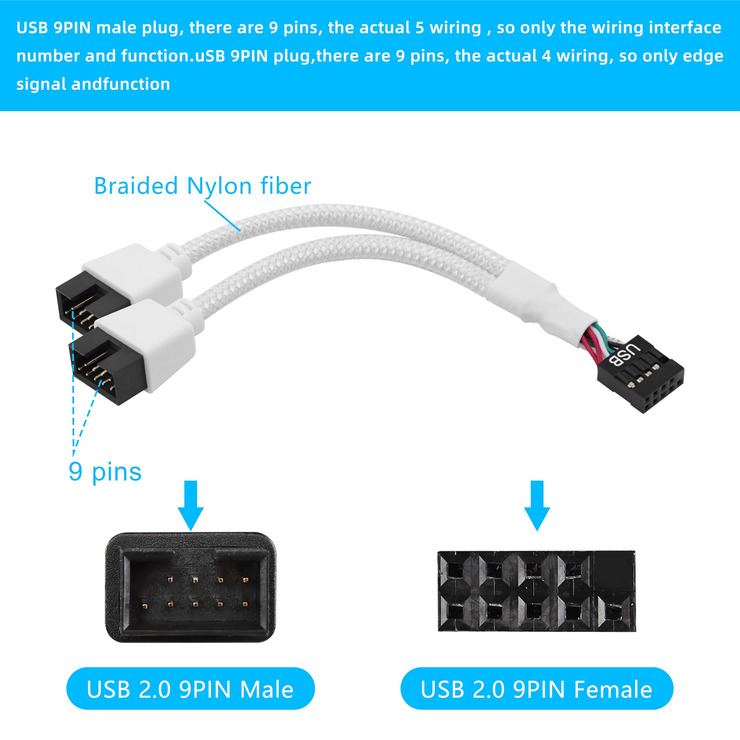 Gelrhonr 2Pcs Usb 2.0 9Pin Female To Dual 9 Pin Male Extension Cable,Motherboard 9 Pin Usb2.0 Header Splitter Nylon Braided For