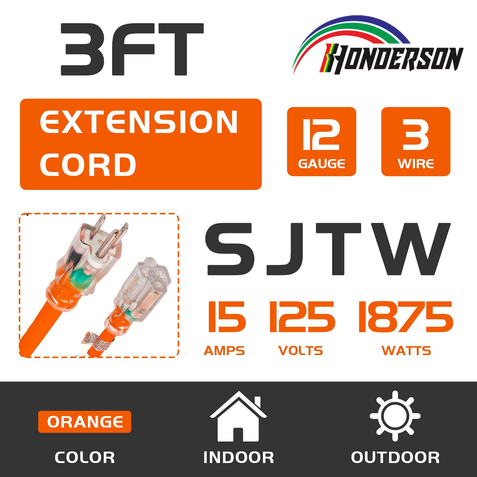 Honderson Indoor Outdoor Extension Cord Weatherproof With Lighted End, Ul Listed, 12 Gauge 3Ft Orange 3 Prong Heavy Duty Extensi