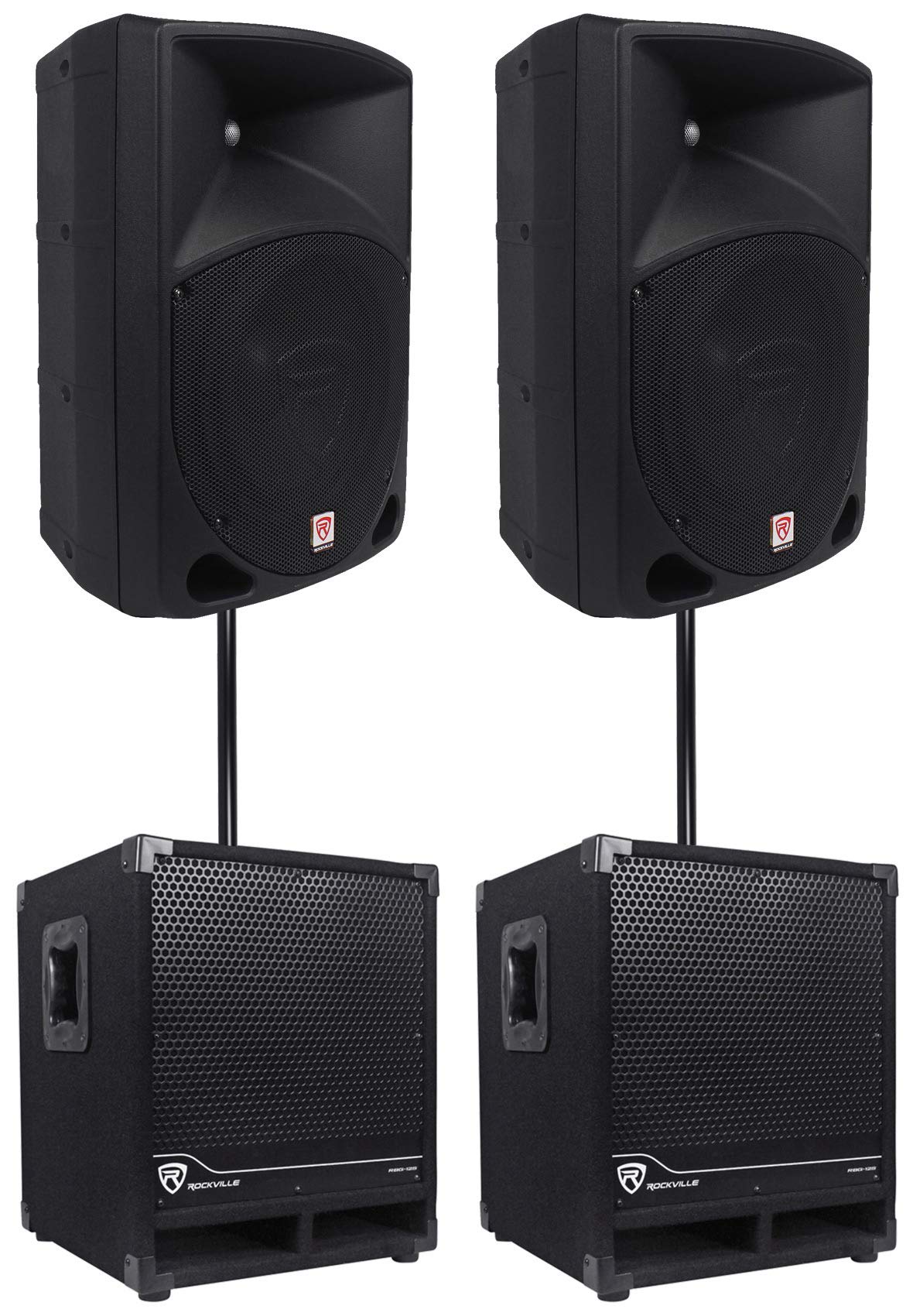 Rockville 2 RPG10 10 Powered 600W DJ PA Speakers+2 Subwoofers+Mounting Poles