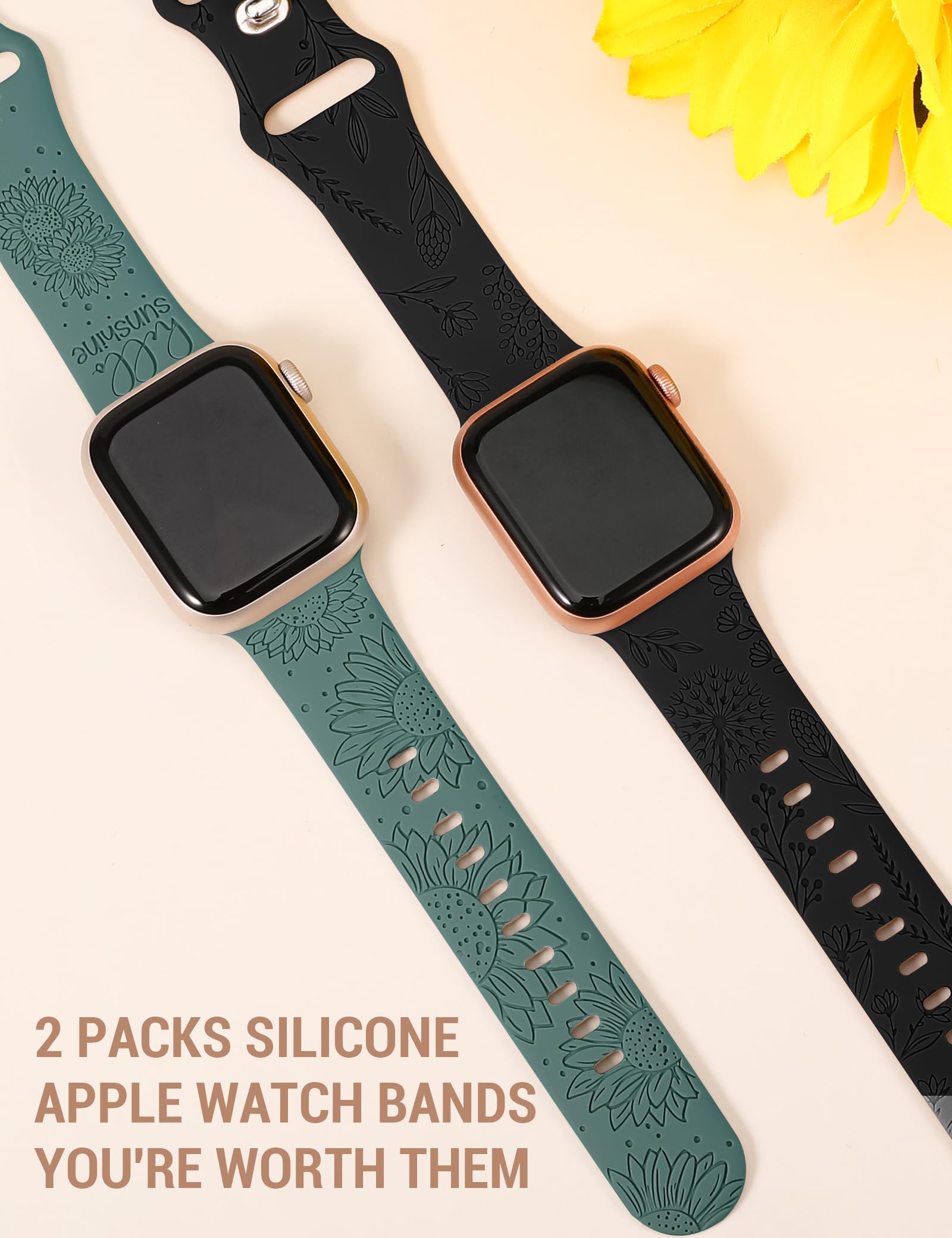 Minyee 2 Packs Floral Engraved Band Compatible With Apple Watch Bands 38Mm 40Mm 41Mm 44Mm 45Mm 42Mm 49Mm Women, Cute Silicone Su