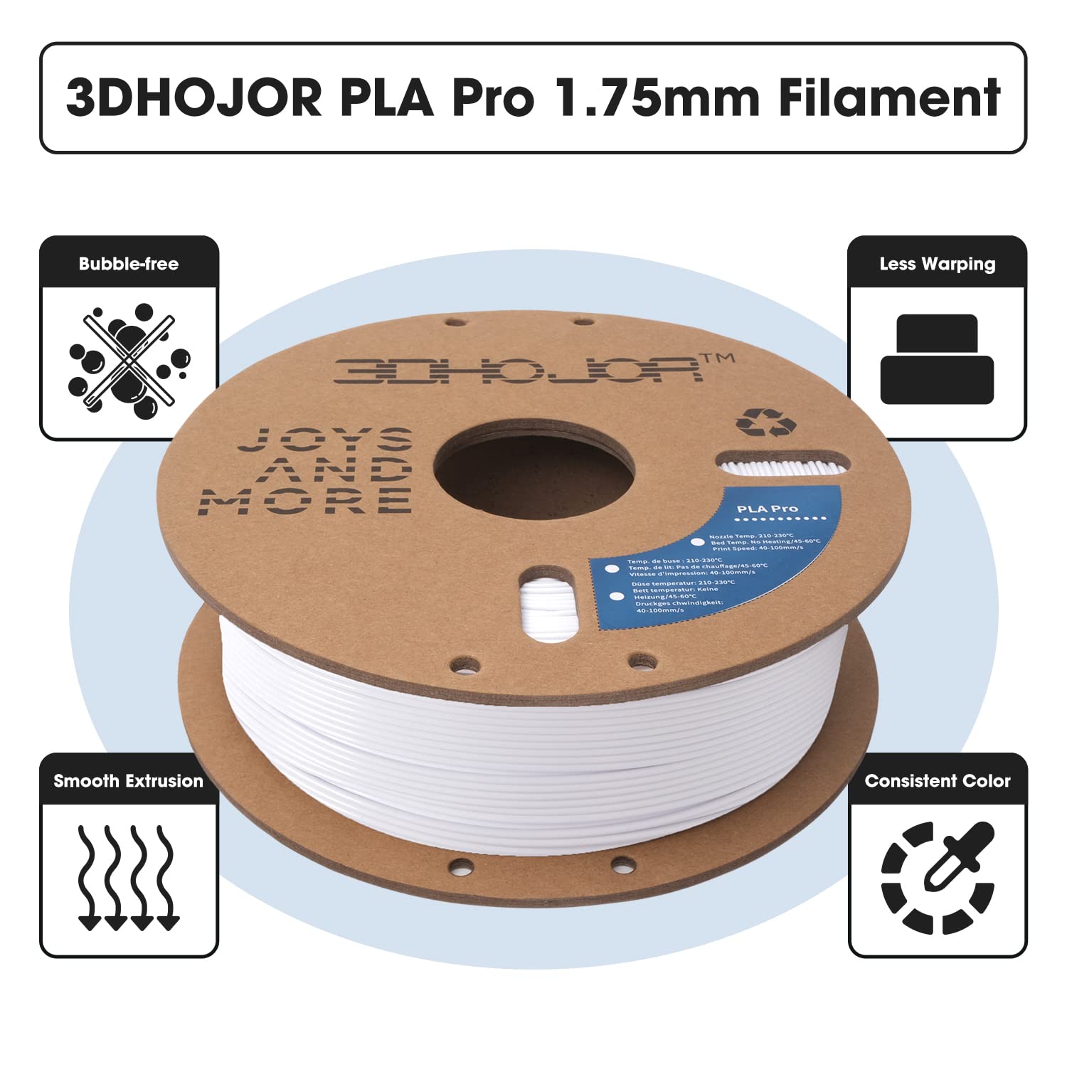 3Dhojor Pla Pro Filament 1.75Mm White,Pla Plus Filament, Odor Free, Clog Free 3D Printer Filament,1Kg Cardboard Spool (2.2Lbs),