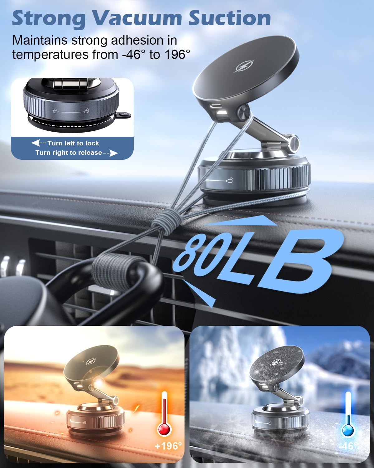 Cloudvalley 15W Magnetic Wireless Car Charger Mount, Nano Gel Vacuum Suction Cup Phone Holder For Dashboard & Windshield, Foldab