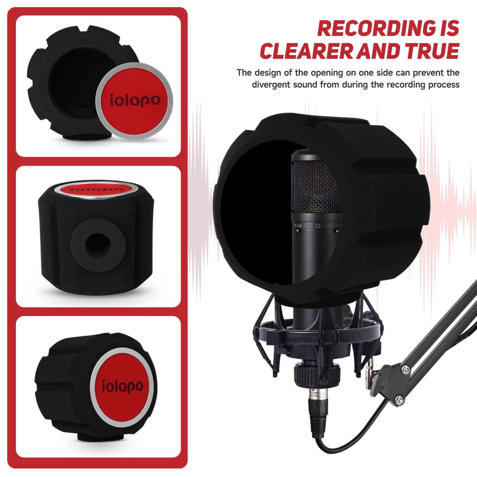 iQlQPQ Red Pop Filter for Mic - Professional Eyeball Isolation Shield, Acoustic Windscreen Foam Cover for Studio Microphones