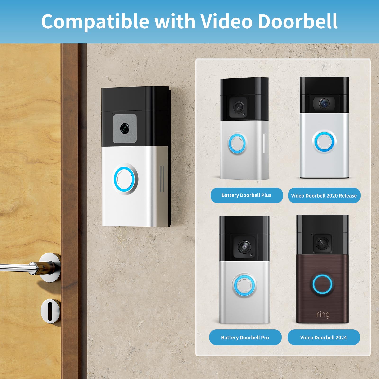 No Drill Video Doorbell Mount, Adhesive Door Bracket Compatible With Video Doorbell 1/2/ 3/3 Plus/ 4/ (2020 Release) Wireless, D