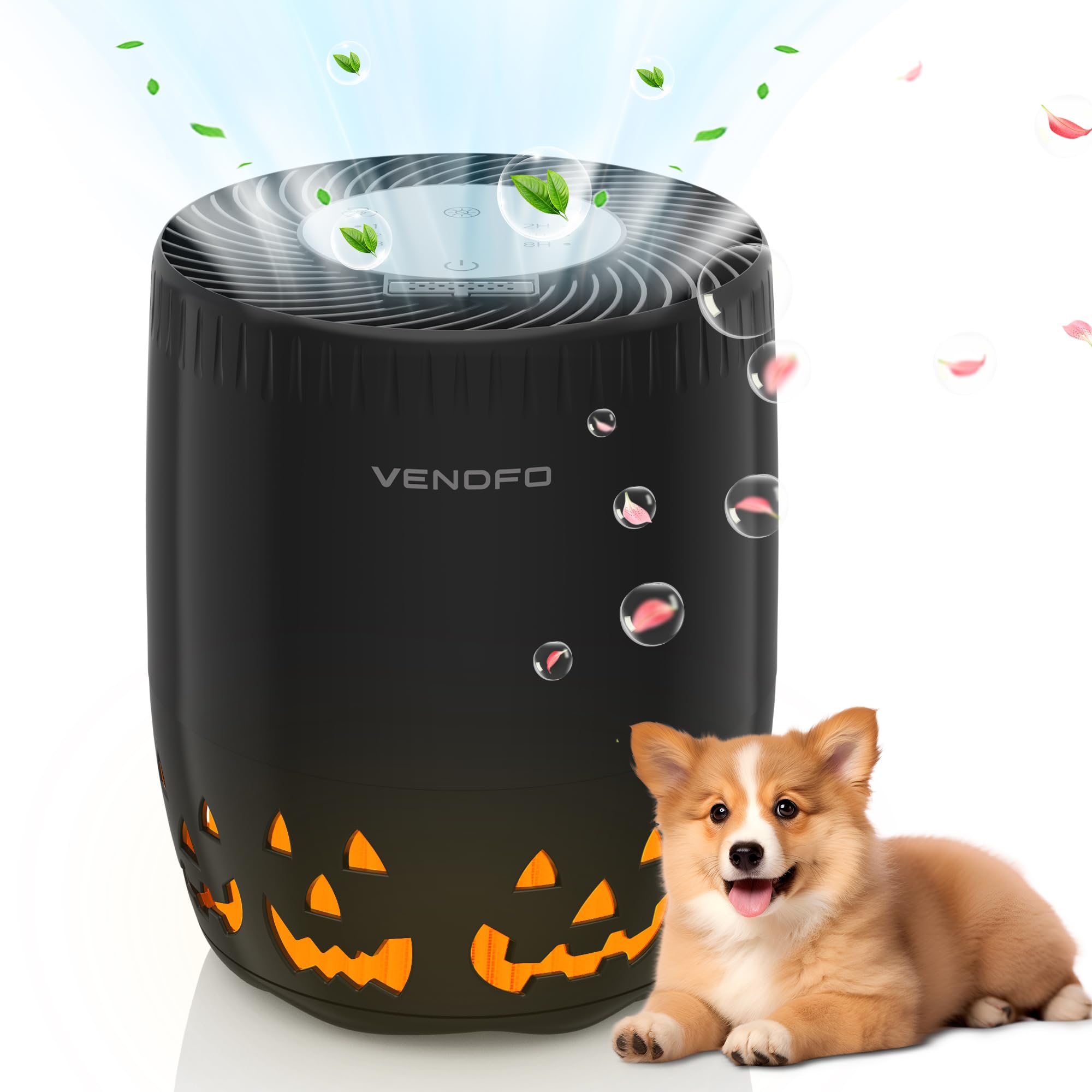 Air Purifier for Home, Air Cleaner with Pumpkin Light Design, 3 Fan Speeds Quiet, Timer Settings, 3-Stage HEPA Filtration for Du