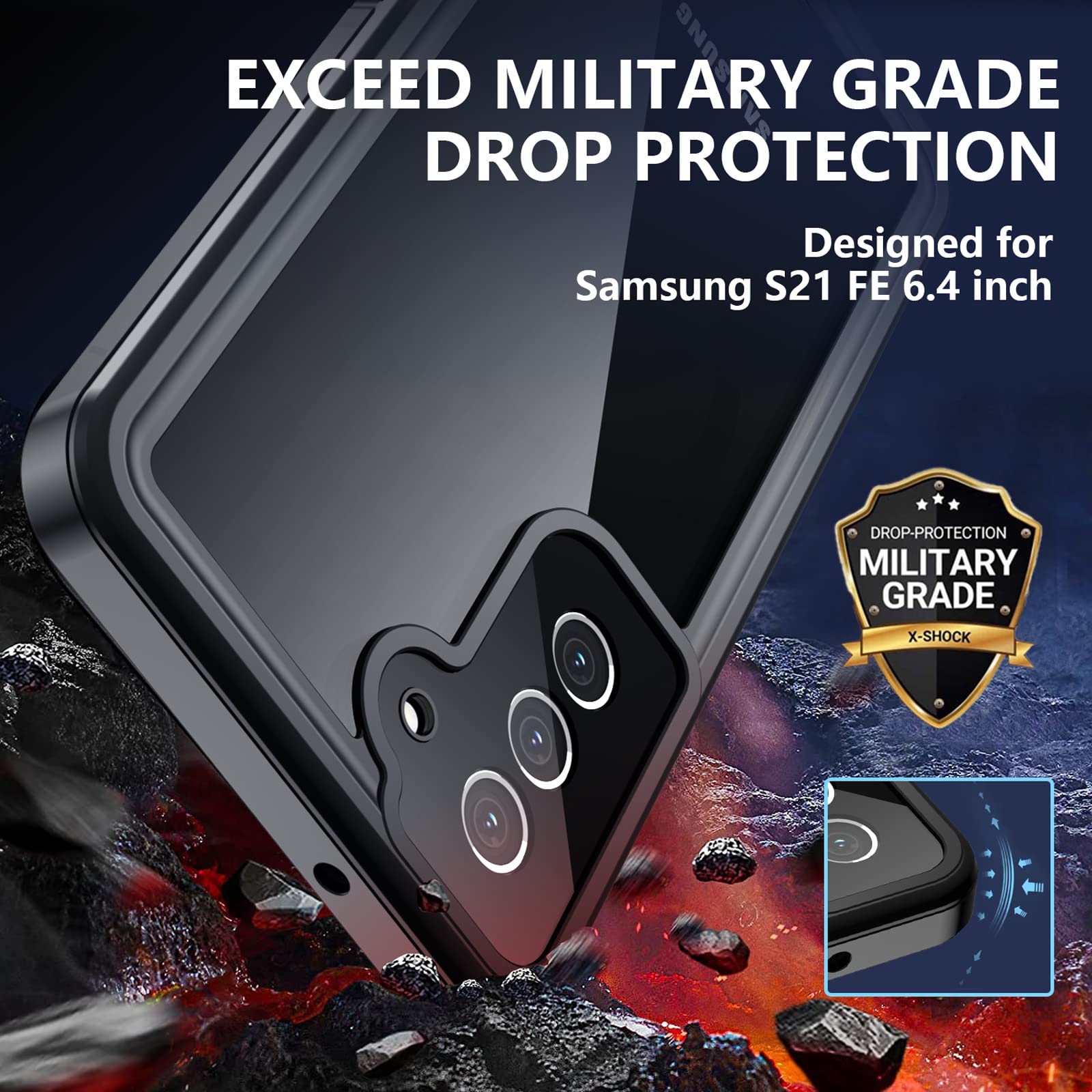 Nineasy Waterproof Phone Case 360 Full Body Protection Built-in Screen Protector for Samsung Galaxy S21 FE 5G 6.4 inch Black