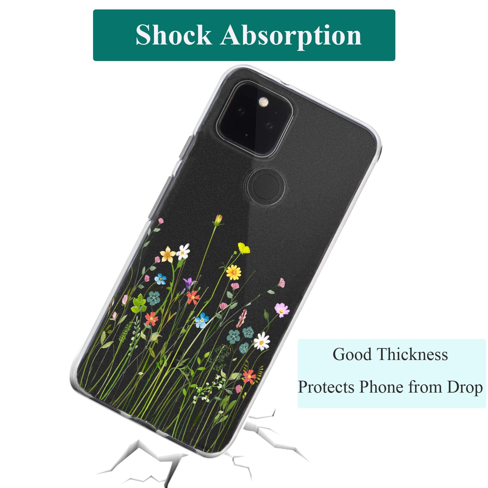 Unov Pixel 5 Clear Soft TPU Phone Case Shock Absorption Embossed Flower Bouquet Design