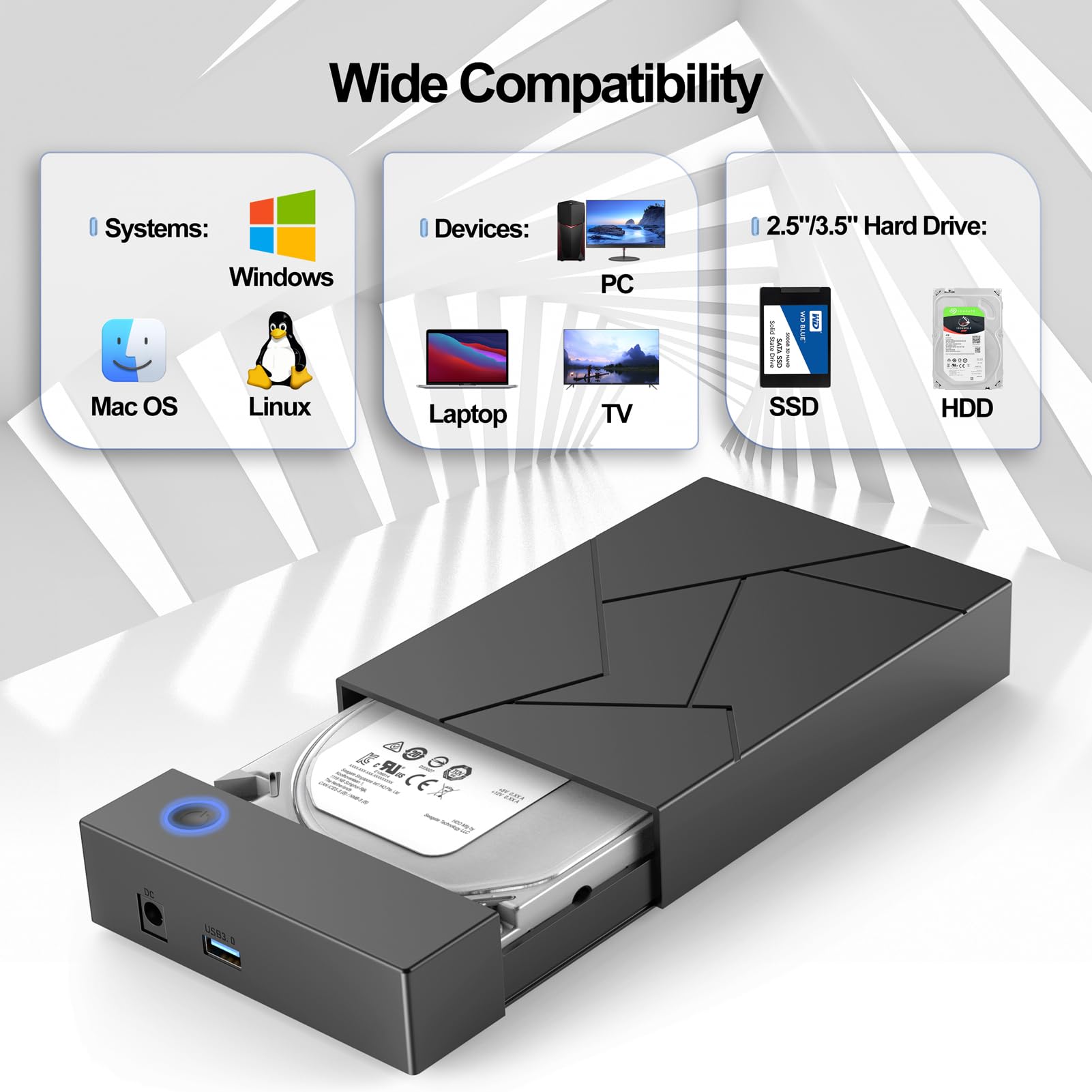 Hard Drive Enclosure 3.5, Femoro Usb 3.0 Internal Sata Hdd Case With 12V 2A Dc Power Adapter For Internal 3.5 Inch Hdd Reader, Up To 20Tb, Support Uasp