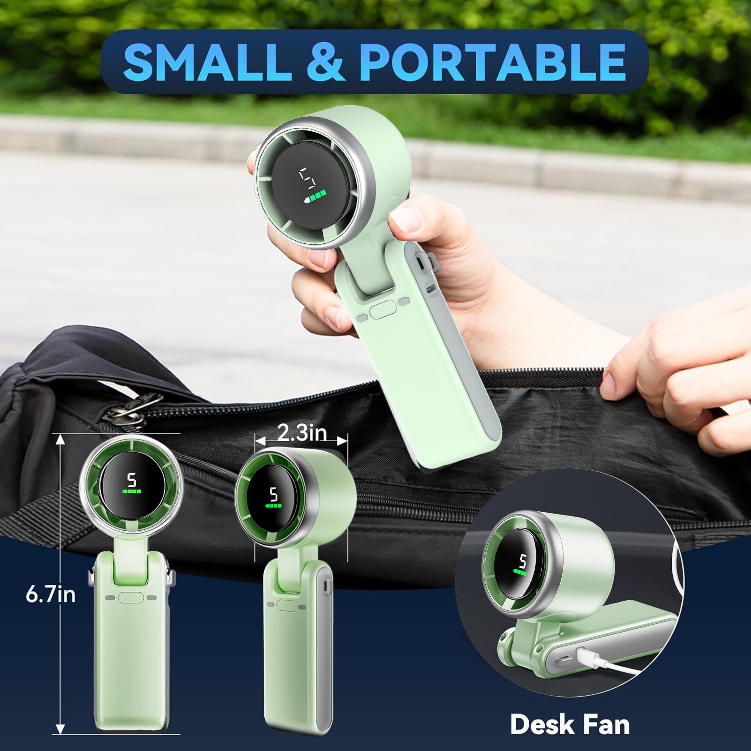 Portable Handheld Turbo Fan, Playhot 5 Gear Wind Hand Fan, 5000Mah Battery Personal Fans Portable Rechargeable, 20 Hours Pocket