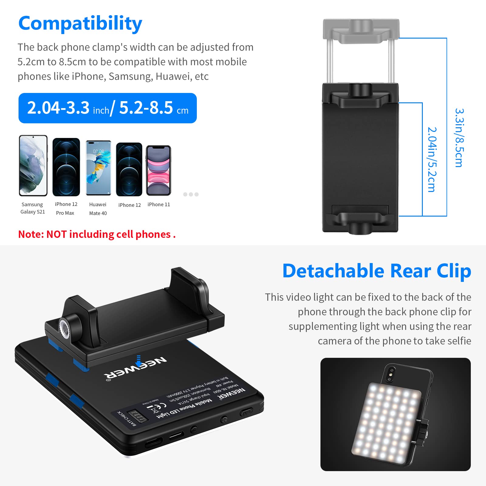 Neewer Selfie Light With Front & Back Phone Clip, High Power 60 Led 2000Mah Rechargeable Cri 95+, 3 Light Modes, Portable Clip O