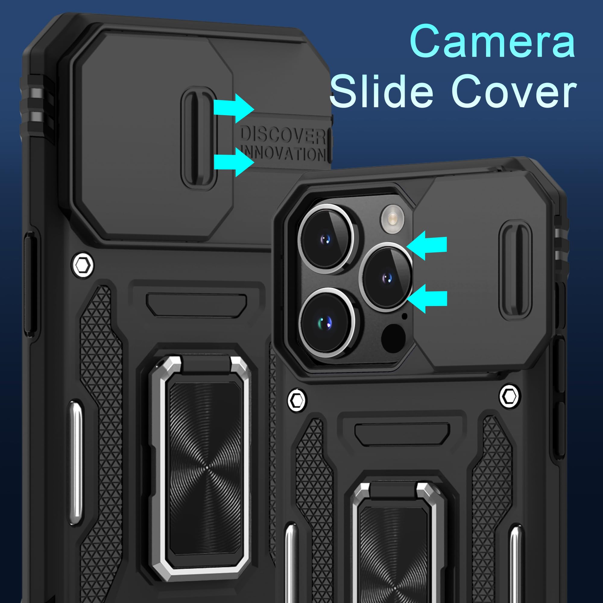 Deerlamn Case For Iphone 15 Pro Max With Slide Camera Cover+Screen Protector(1 Pack), Rotated Ring Kickstand Military Grade Shoc