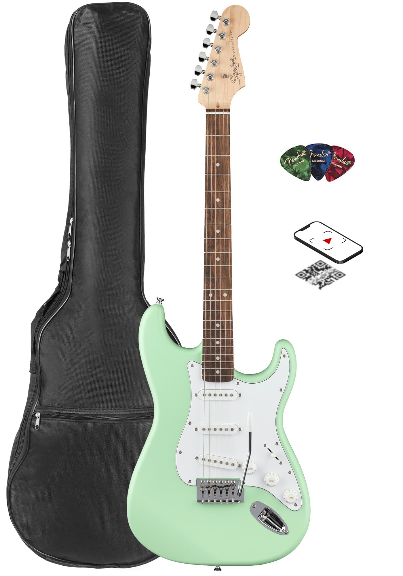 Fender Squier Stratocaster Electric Guitar - Surf Green Bundle with Gig Bag, Picks, and Austin Bazaar Instructional Video