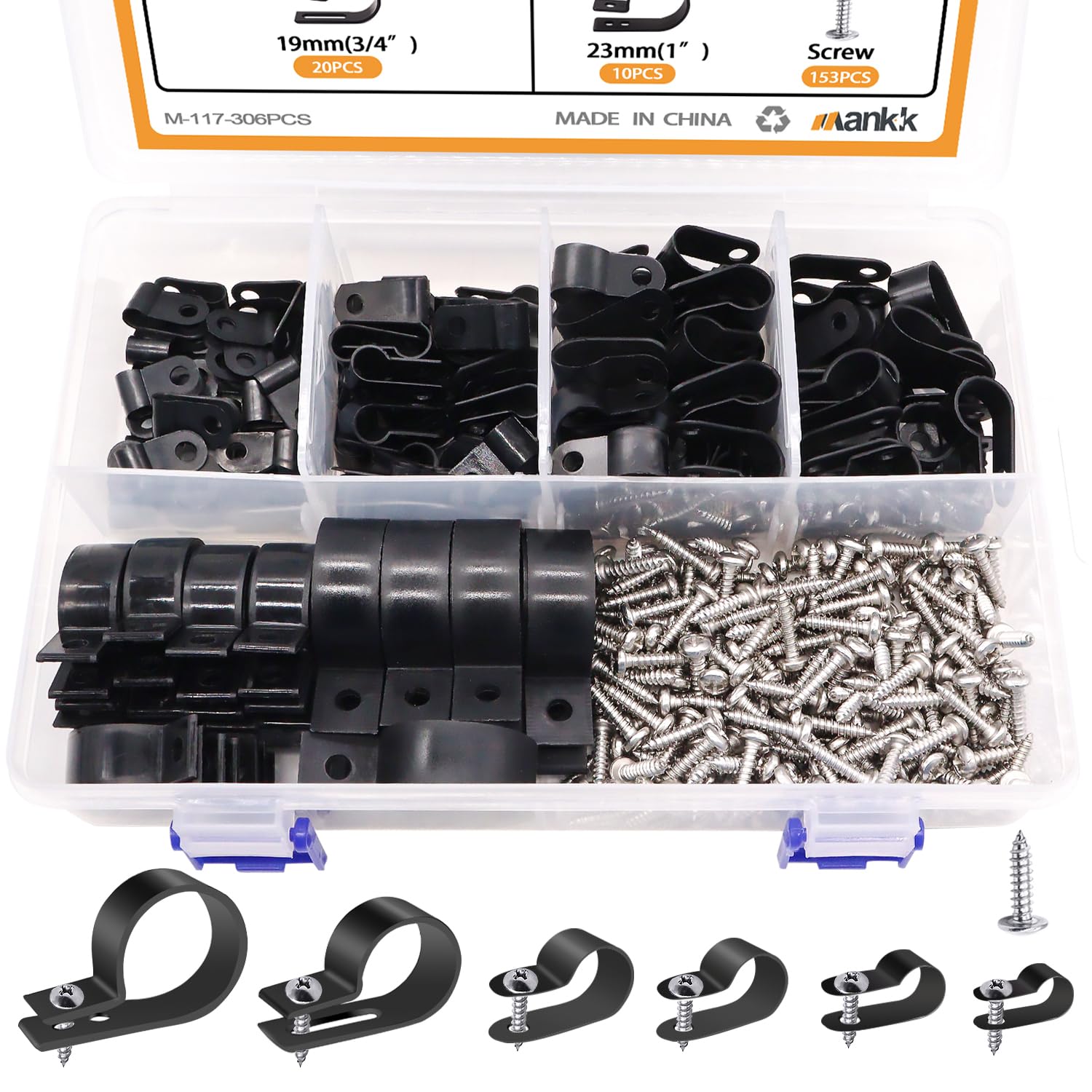 Mankk 306Pcs Cable Clips Wire Clips Assortment Kit Nylon Plastic R Type Cable Clamps Wire Mounting Clips 6 Sizes 3/16'' 1/4'' 3/