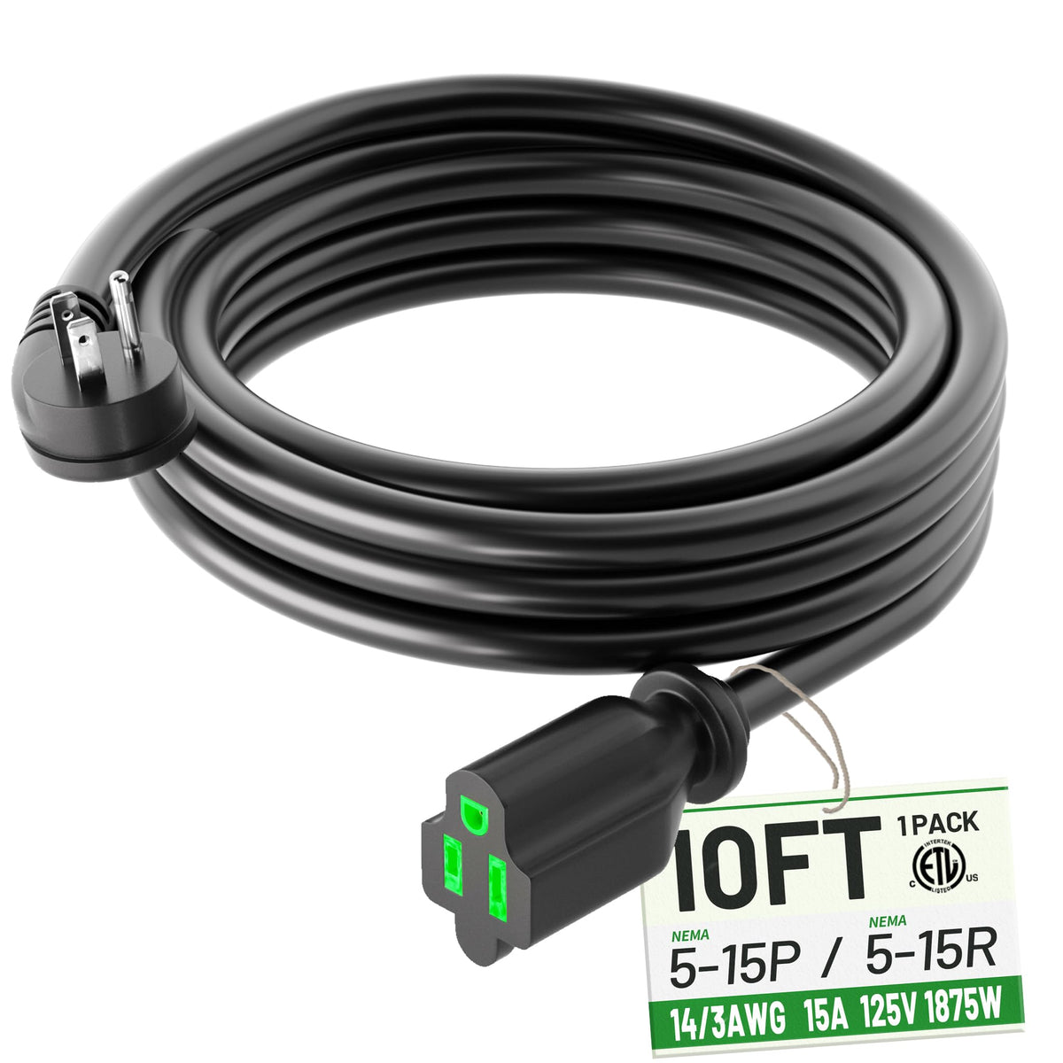 Powgrn 10 Foot Flat Plug Extension Cord Black, 14/3 Gauge Indoor Short Extension Cable, 15A 1875W 125V 14Awg, 3 Prong Low Profil