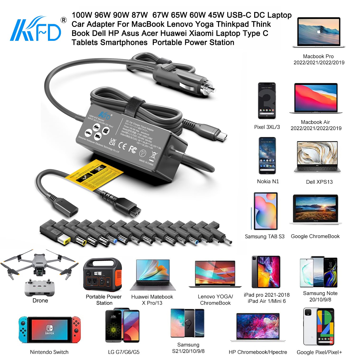 Kfd Universal Laptop Car Charger Pd 100W 90W 87W 67W 65W 61W 45W Usb C Dc Adapter For Macbook Surface Lenovo Dell Hp Gateway Asu