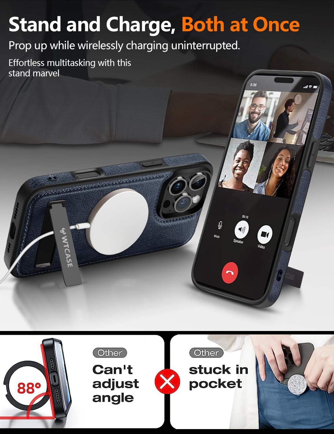 Wtcase Magnetic For Iphone 16 Pro Leather Case,Built In Invisible Stand [Compatible With Magsafe] Protective Slim Kickstand Phon