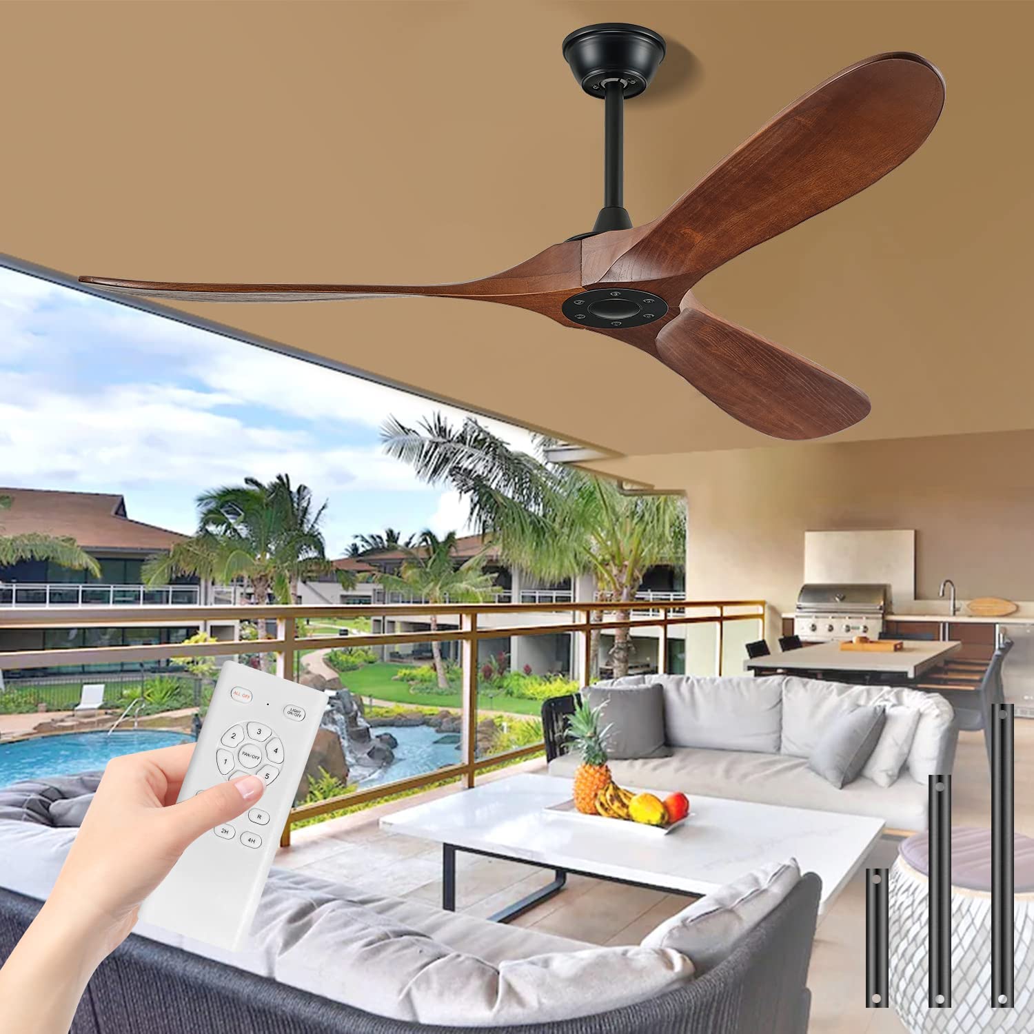 Boosant 52'' Ceiling Fans Without Lights, Solid Wood Ceiling Fan With Remote Control And Dc Motor, Ceiling Fan No Light With 3 B