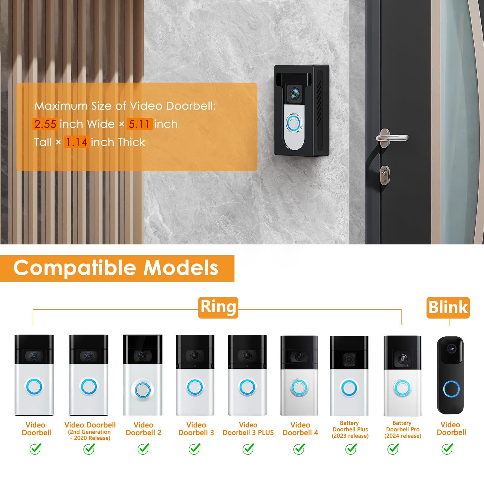 Qibox No Drill Adhesive Video Doorbell Mount Compatible With Ring/Blink Wireless Video Doorbell, Anti Theft Camera Doorbell Hold