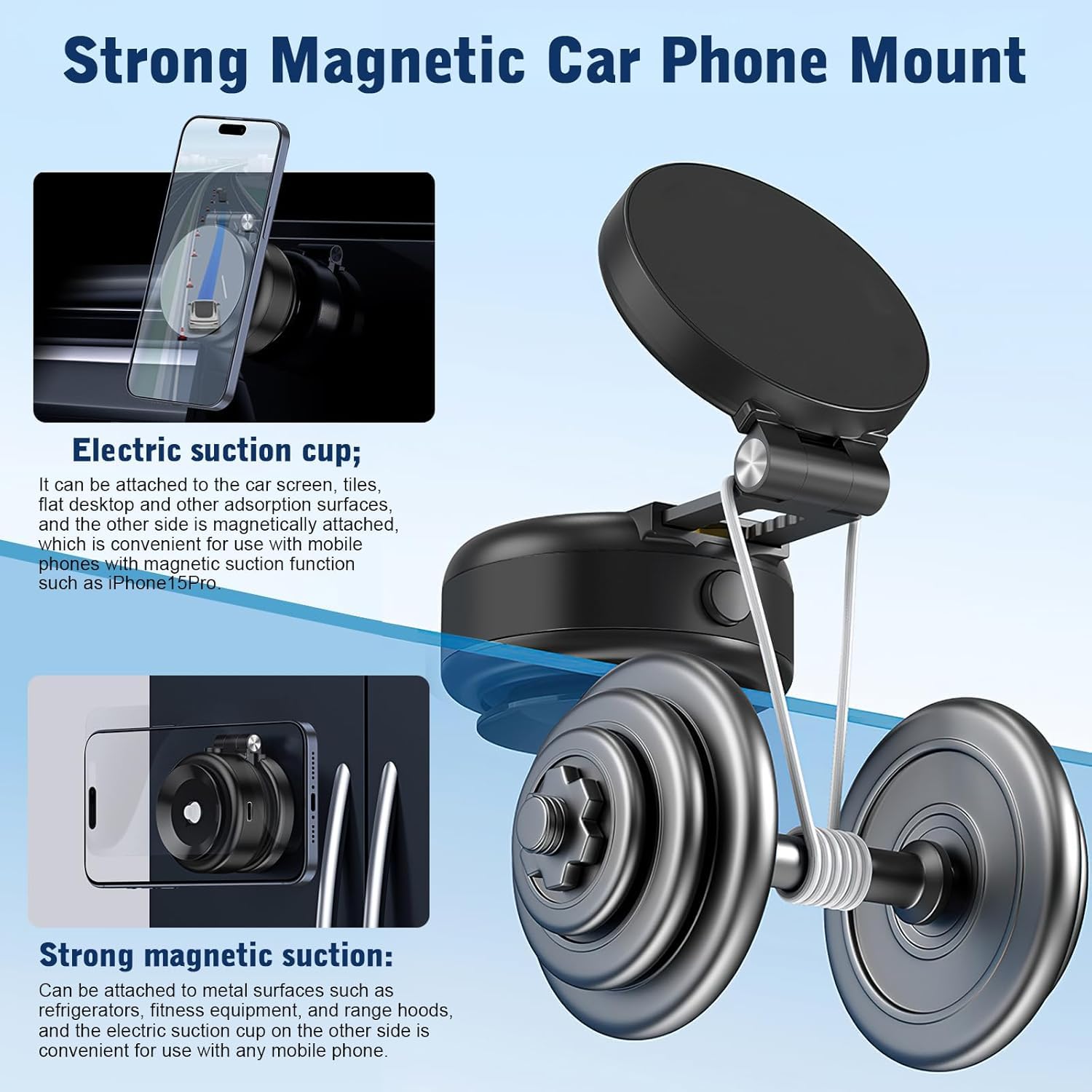 Electric Vacuum Car Phone Mount - Foldable, Double-Sided Magnetic Holder For All Phones (Black)