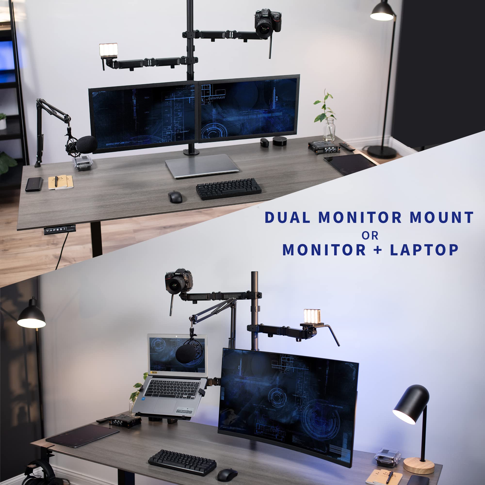 Vivo All In One Computer Studio Desk Mount, Mic Boom, Dual Monitor Mount Up To 32 Inches, Laptop Stand, Livestream Arms Compatib