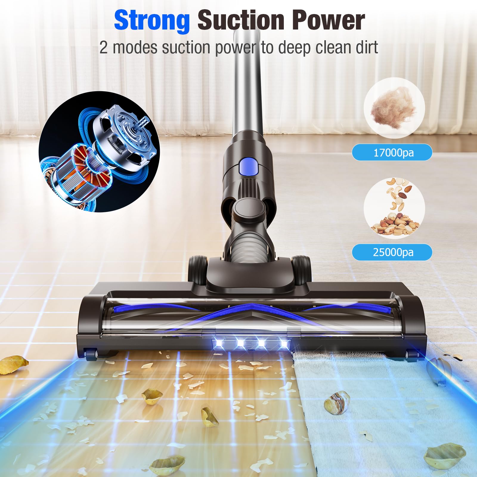 Airdiya Cordless Vacuum Cleaner, Super Power Suction Stick Vacuum Cleaners With 2200 Mah Battery,8 In 1 Lightweight Self Standin