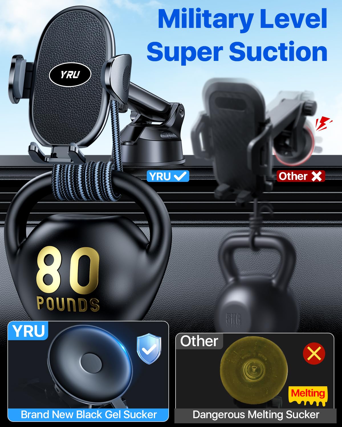 Yru [2025 Upgraded] Universal Car Phone Holder Mount? 360� Rotatable &Strong Suction? Cell Phoneholder For Car Dashboard Windshield Phone Holder Dash Stand For Iphone 16 15 14 13 Samsung Truck, Black