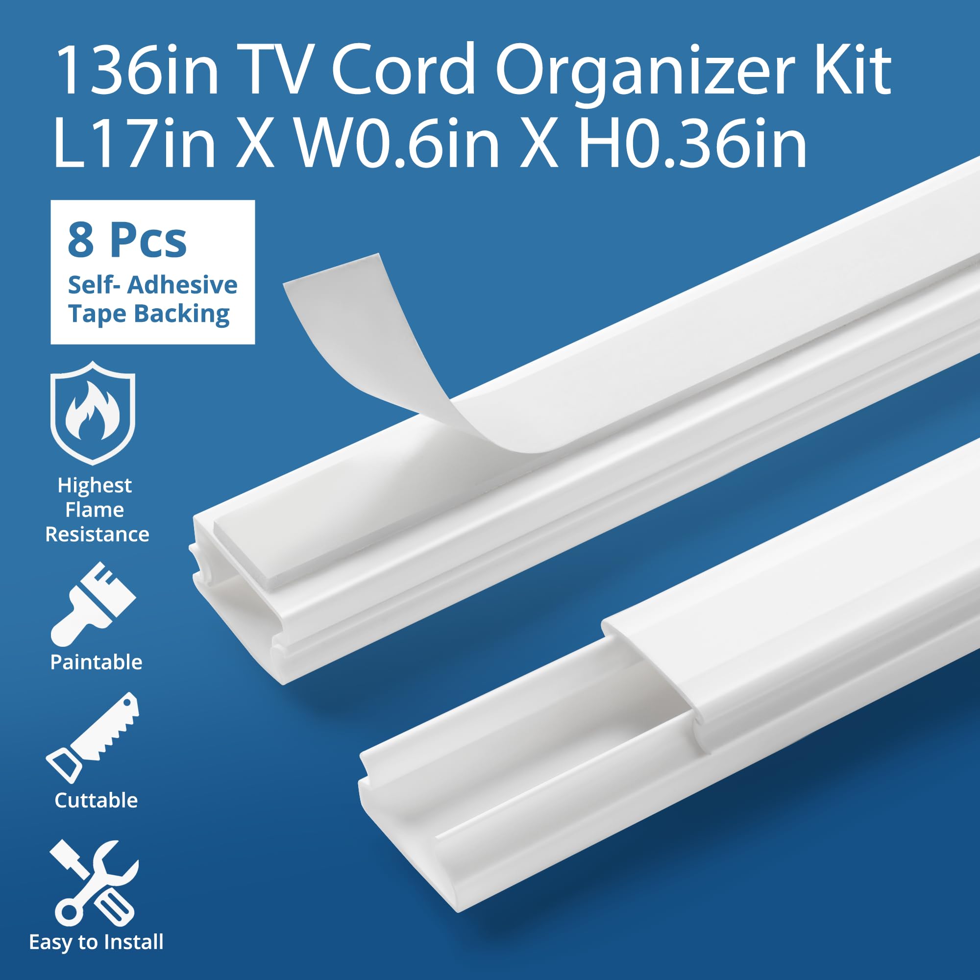 136In Cord Hider For Wall Mount Tv, White Wire Covers For 1 Mini Cords, Yclyc 8Pack Cable Hider Kit, Paintable Power Wall Cord C