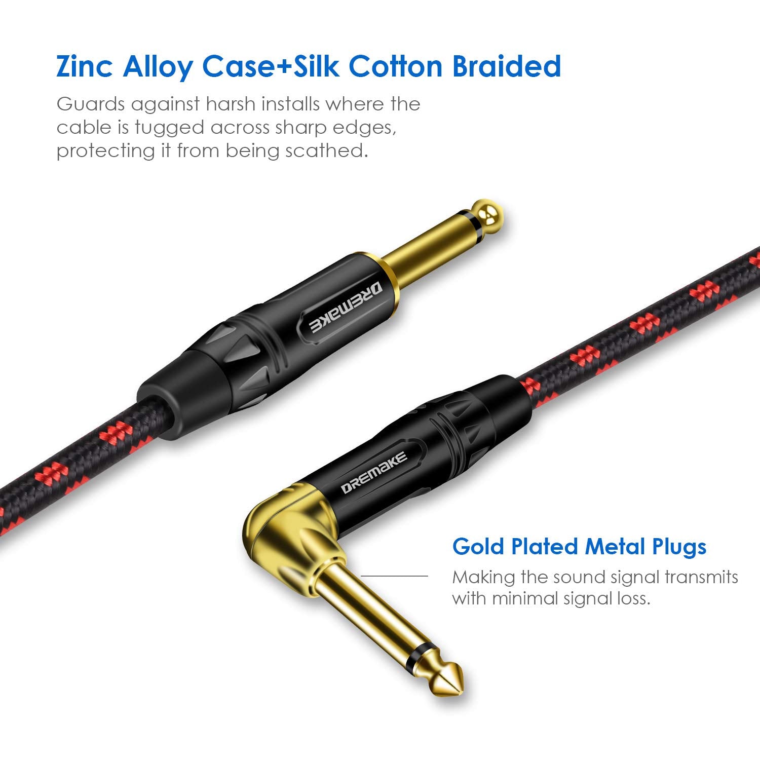 Dremake 6 Foot Professional Instrument Cable, Guitar Cable For Speaker Bass Keyboard 1/4'' (6.3Mm) Straight To Right Angle Inch