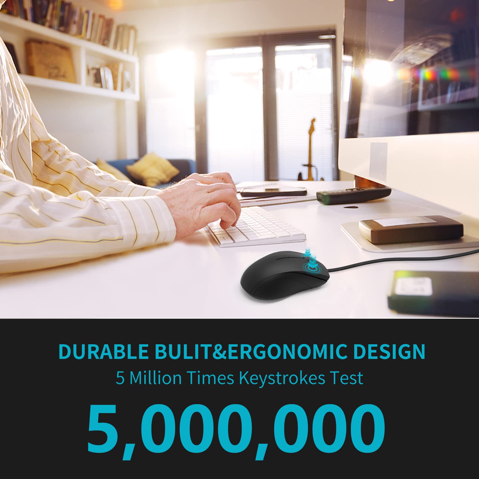 Rapoo Silent Wired Mouse, 1000 Dpi 5Ft Cord Quiet Button Optical Computer Mouse, Left Right Hand Use, For Laptop Chromebook Mac