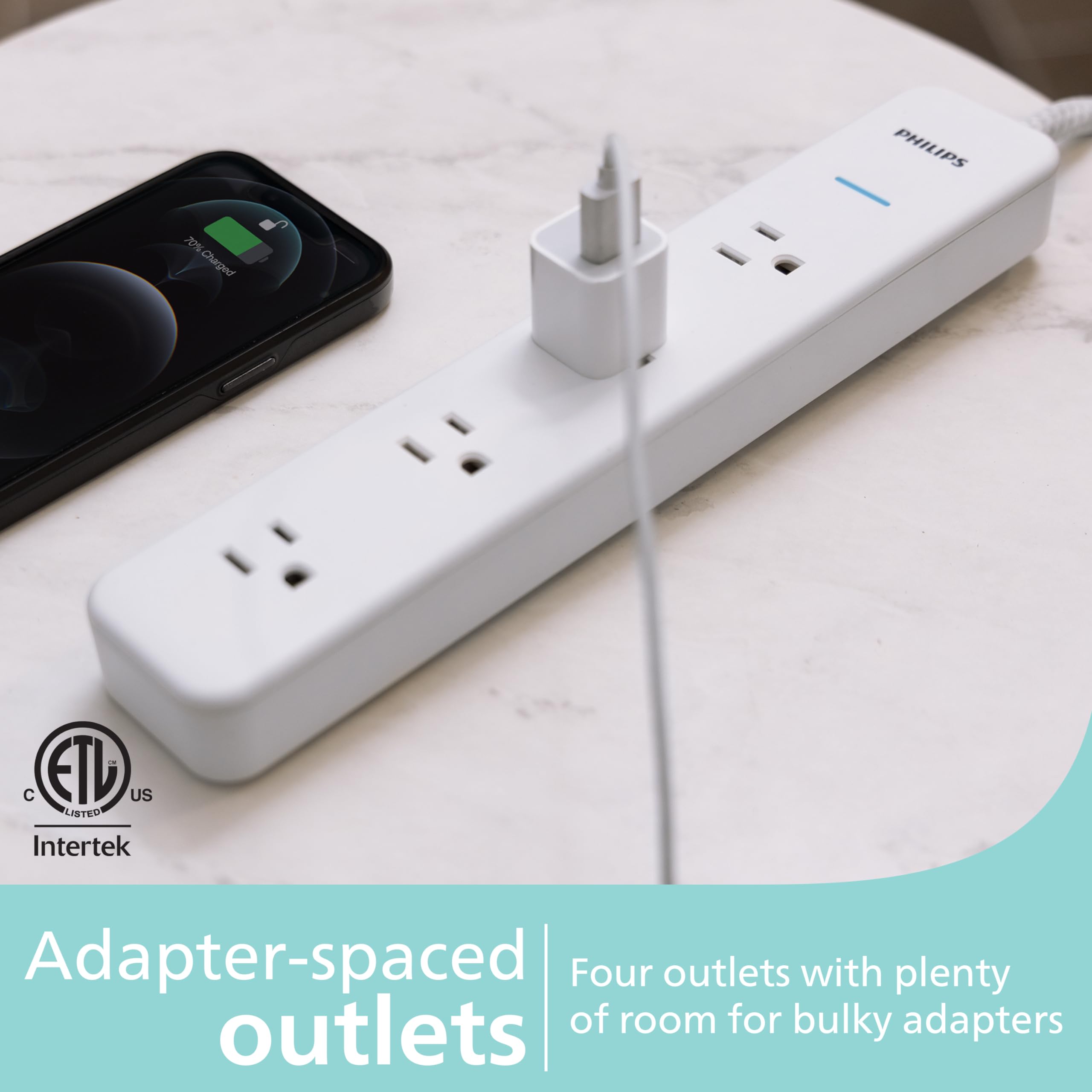 Philips 4 Outlet Surge Protector, 4Ft Braided Extension Cord, 450J, Adapter Spaced, White   Spp3563W/37