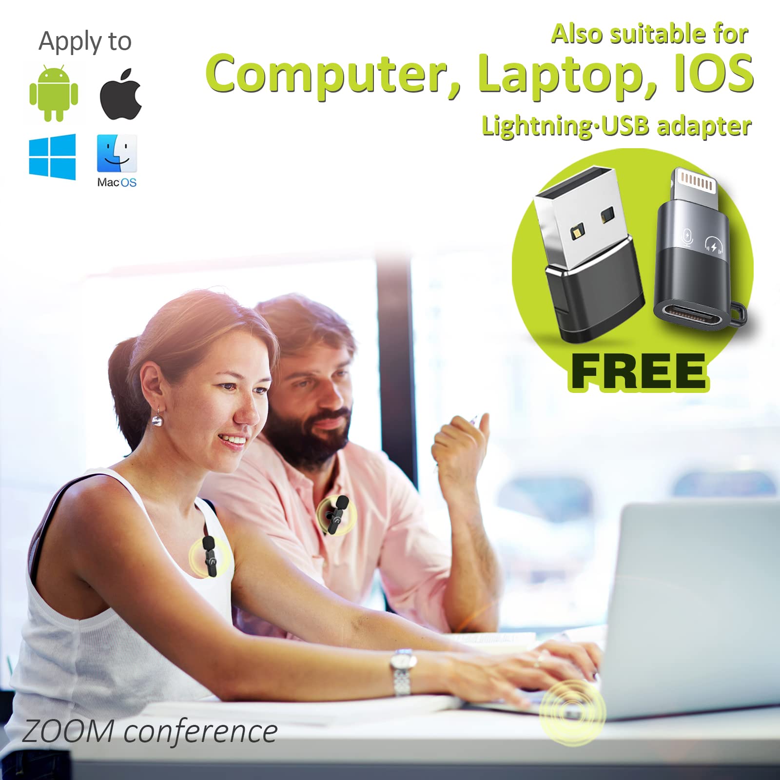 Aisizon Wireless Mics, Wireless Clip On Microphones, Lapel Microphone A2D One Pair Two, For Android Phone, Iphone 15, Laptop, Vi